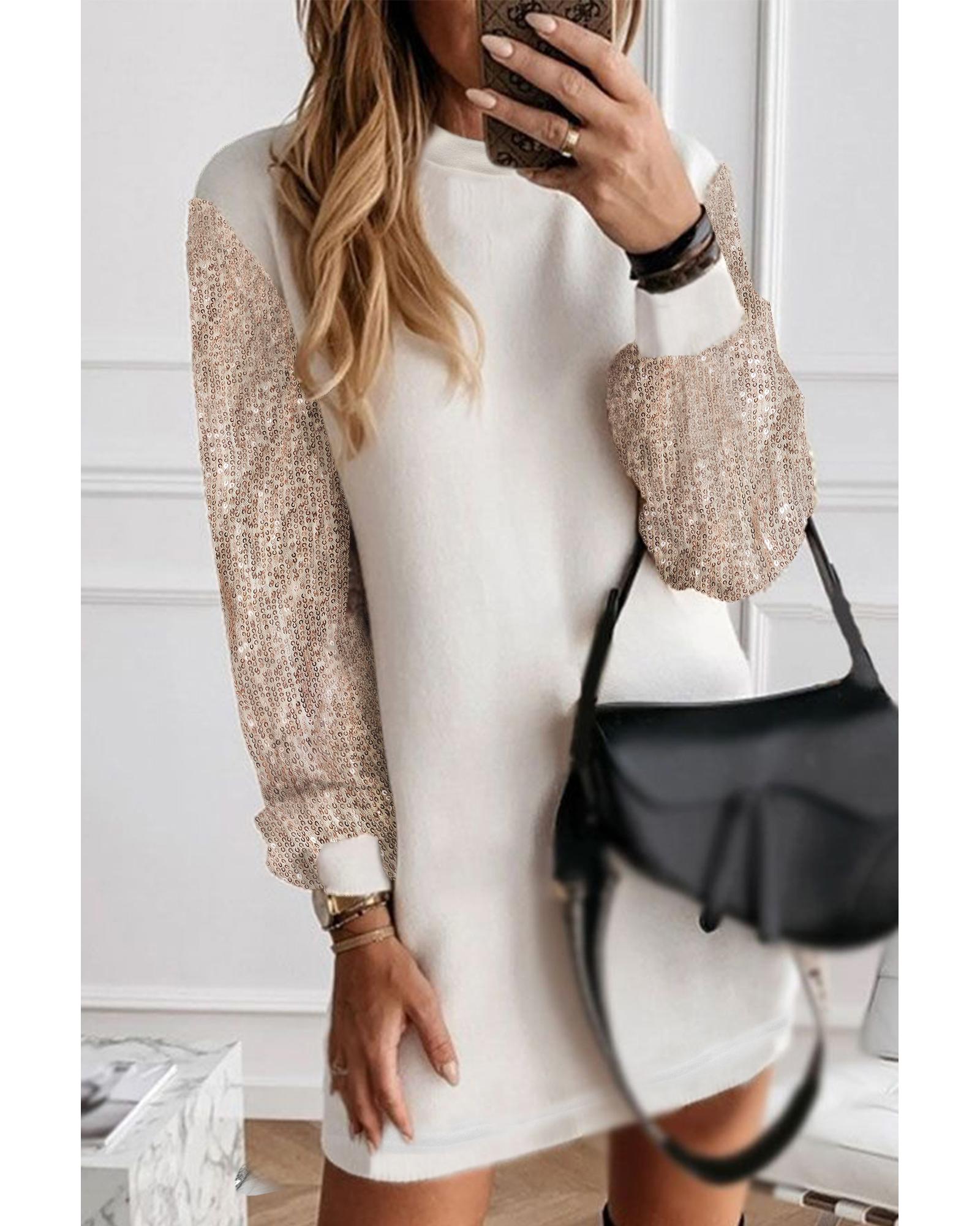 White Sequin Puff Sleeve Shift Mini Dress - XL 4