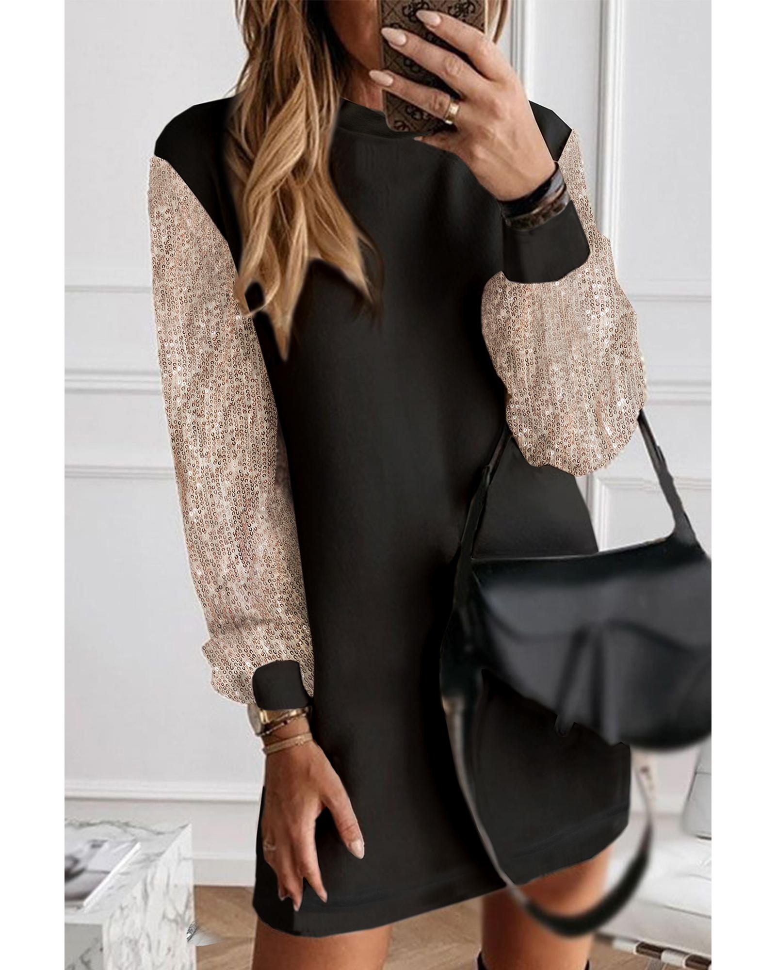 Black Sequin Puff Sleeve Shift Mini Dress - L
