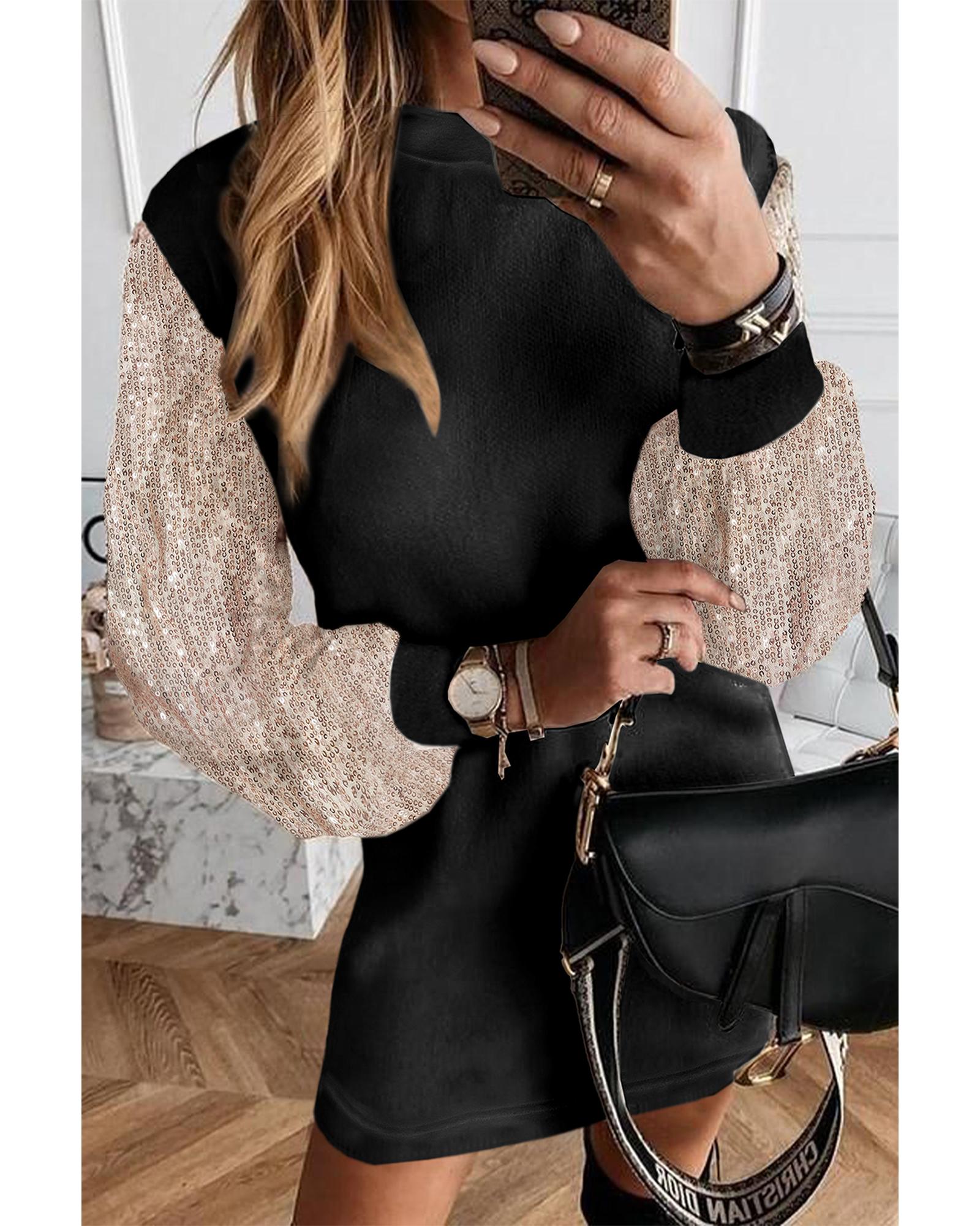 Black Sequin Puff Sleeve Shift Mini Dress - XL