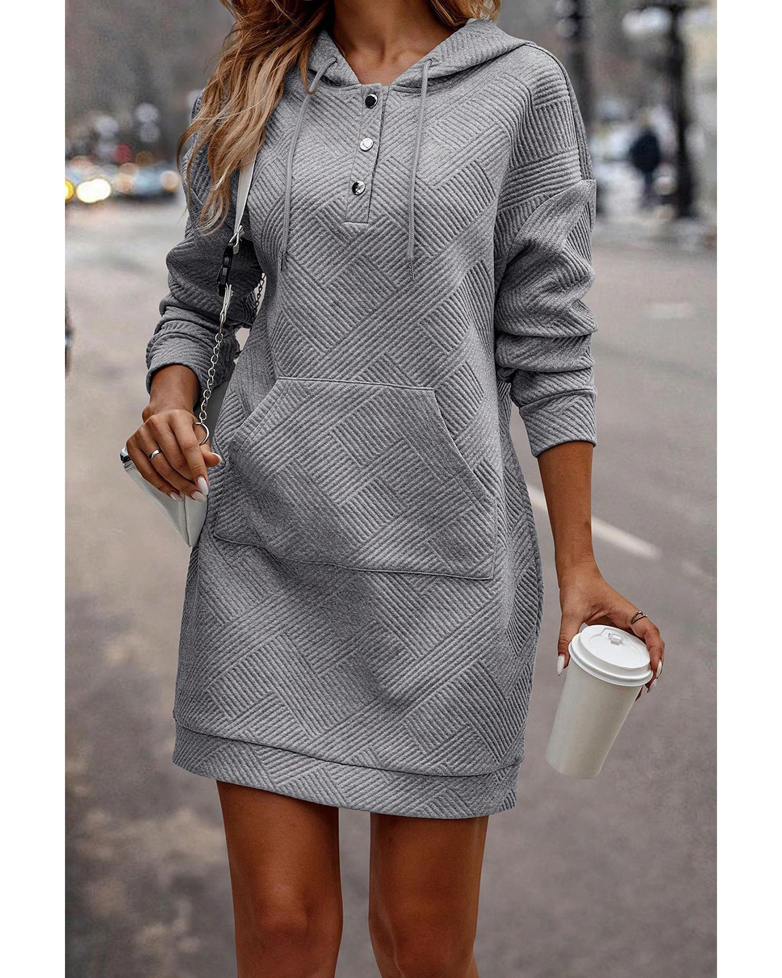Gray Textured Kangaroo Pocket Drawstring Hooded Mini Dress - S
