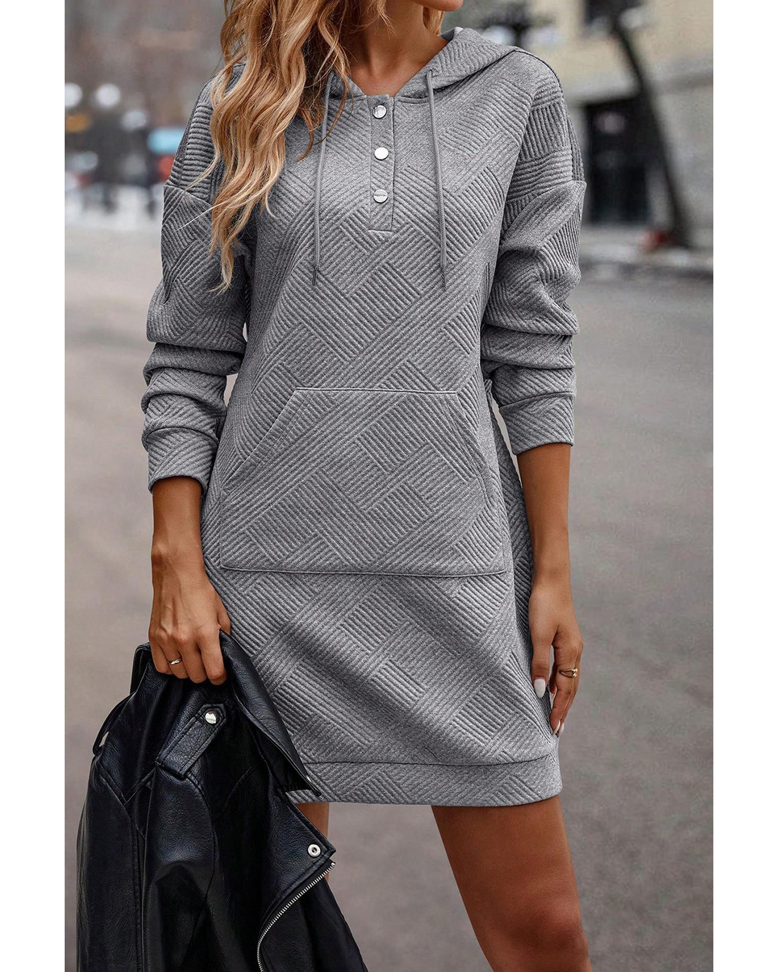 Gray Textured Kangaroo Pocket Drawstring Hooded Mini Dress - S