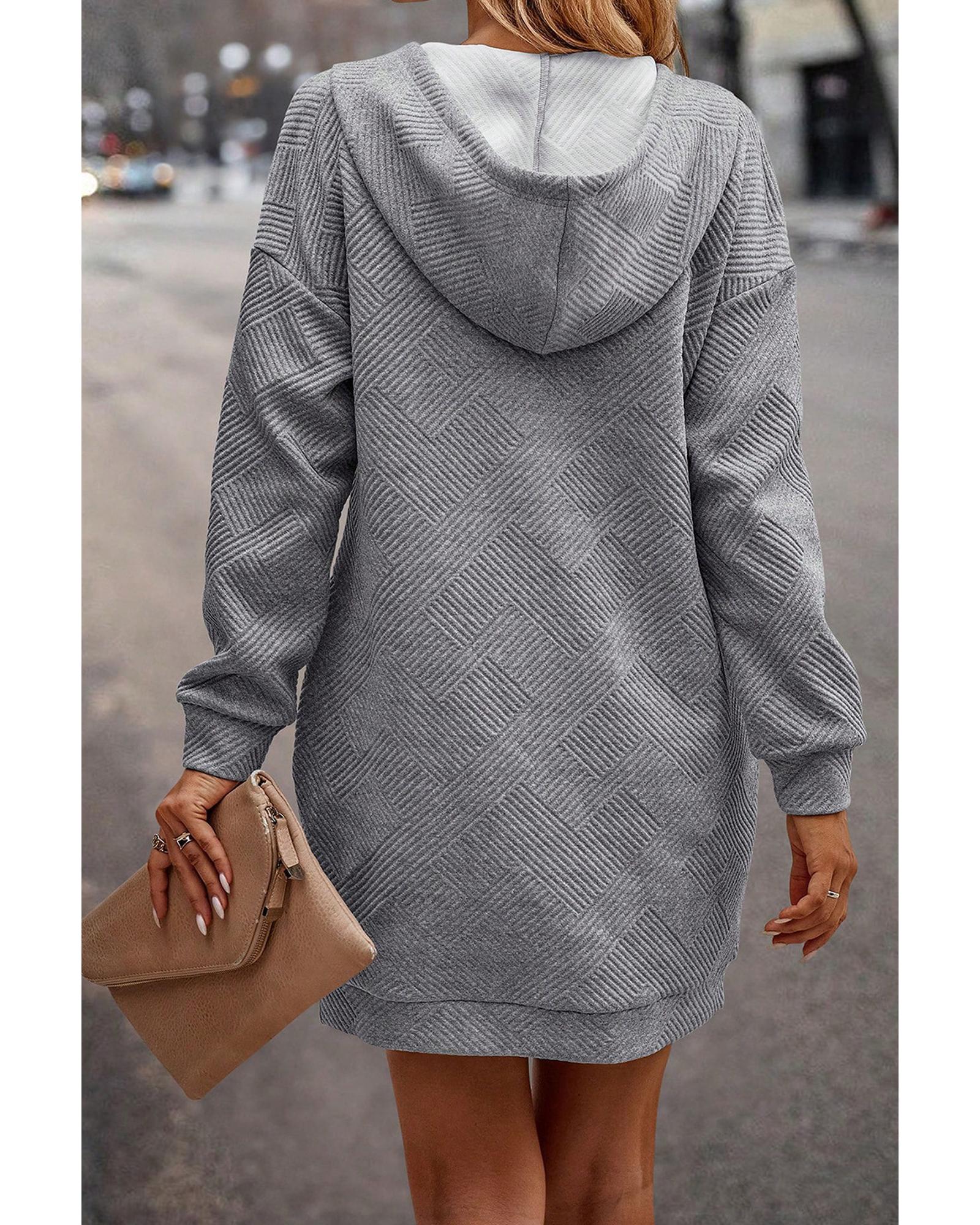 Gray Textured Kangaroo Pocket Drawstring Hooded Mini Dress - XL
