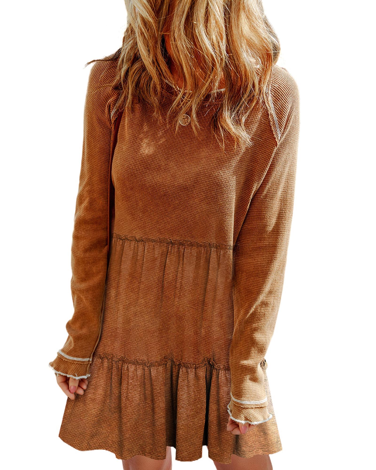 Chestnut Textured Tiered Ruffled Long Sleeve Mini Dress - XL 3