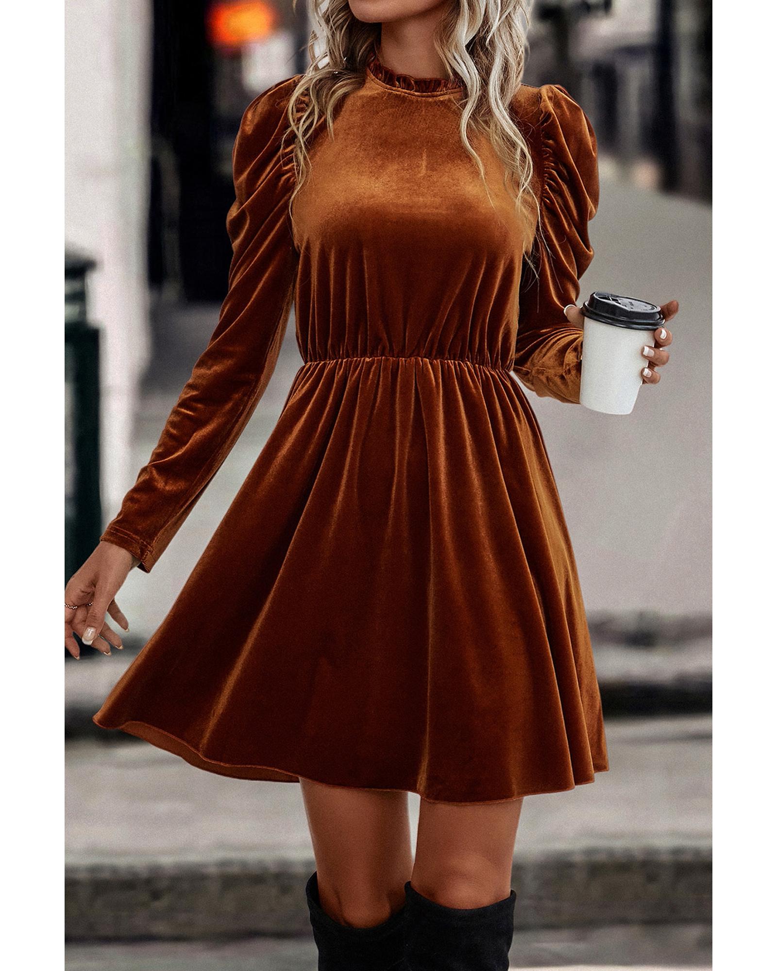 Chestnut Velvet Frilled Neck Gigot Sleeve Swing Dress - L