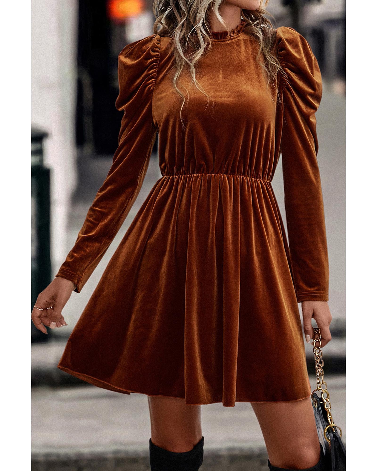 Chestnut Velvet Frilled Neck Gigot Sleeve Swing Dress - XL