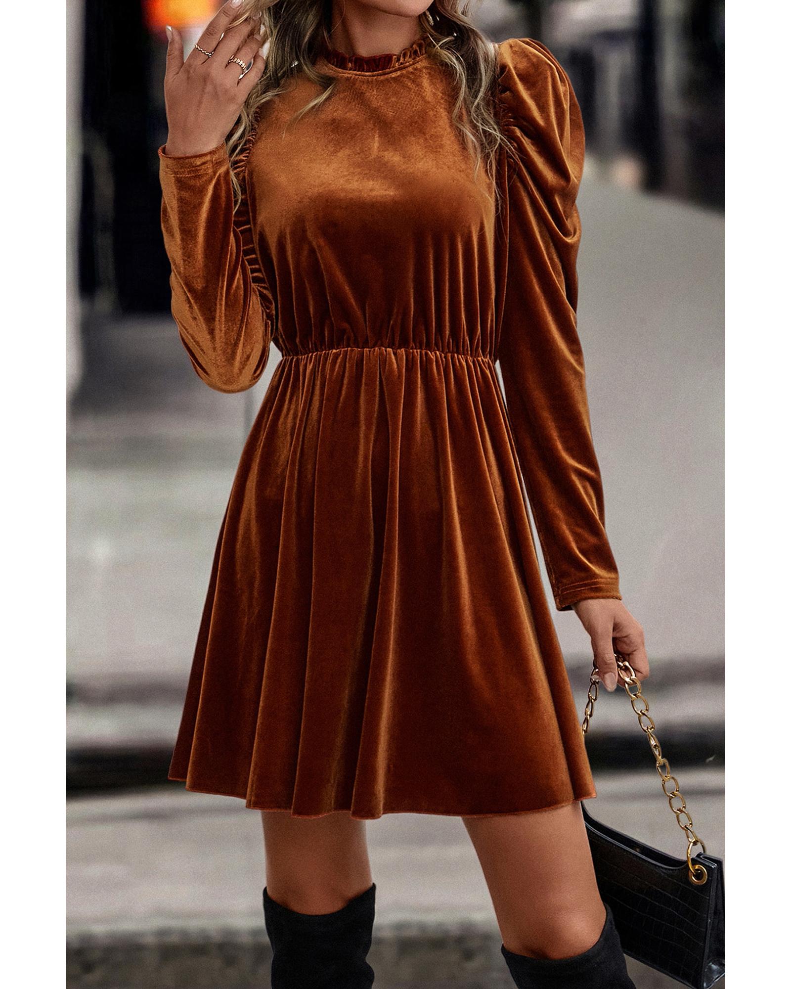 Chestnut Velvet Frilled Neck Gigot Sleeve Swing Dress - XL 3