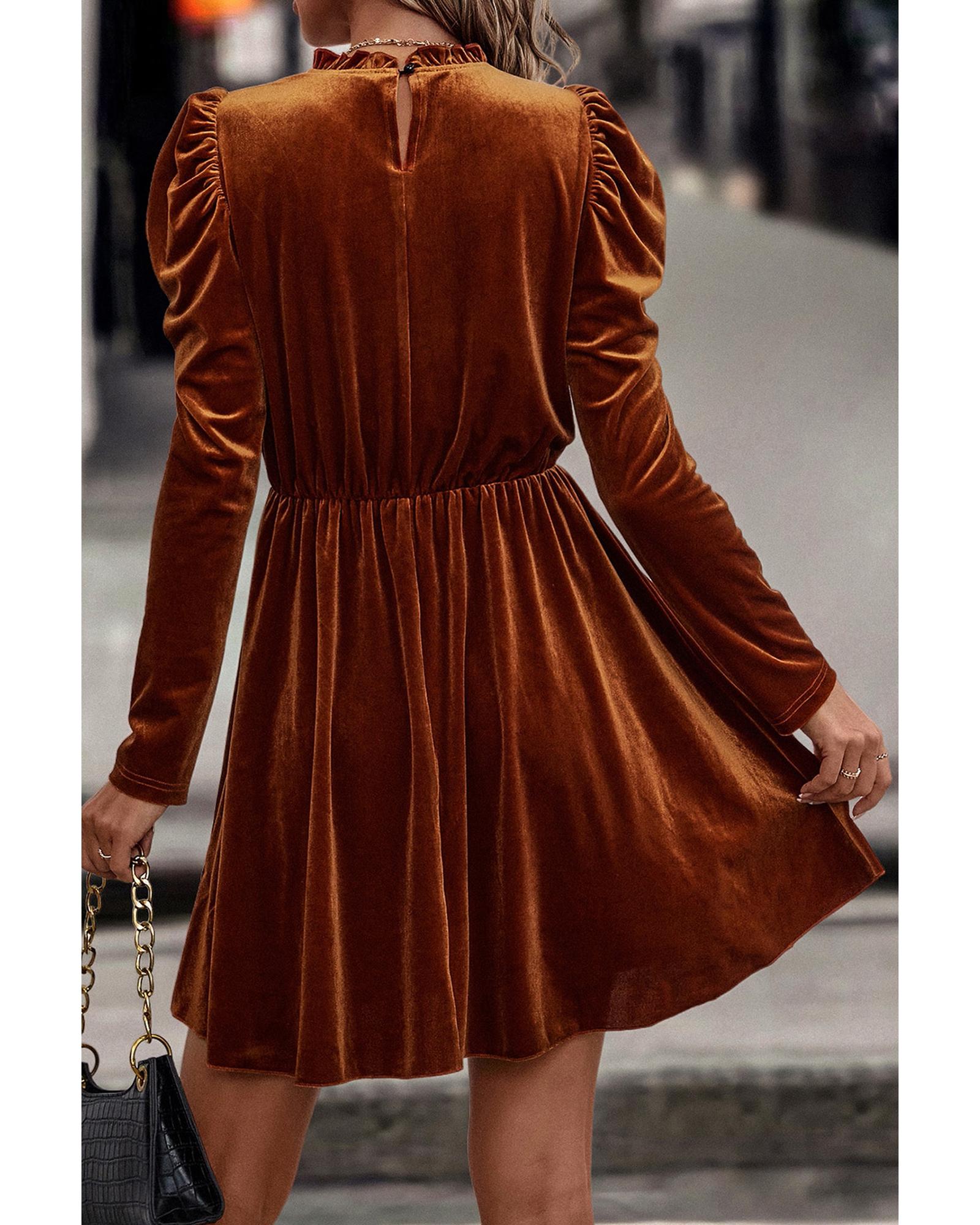 Chestnut Velvet Frilled Neck Gigot Sleeve Swing Dress - XL 4