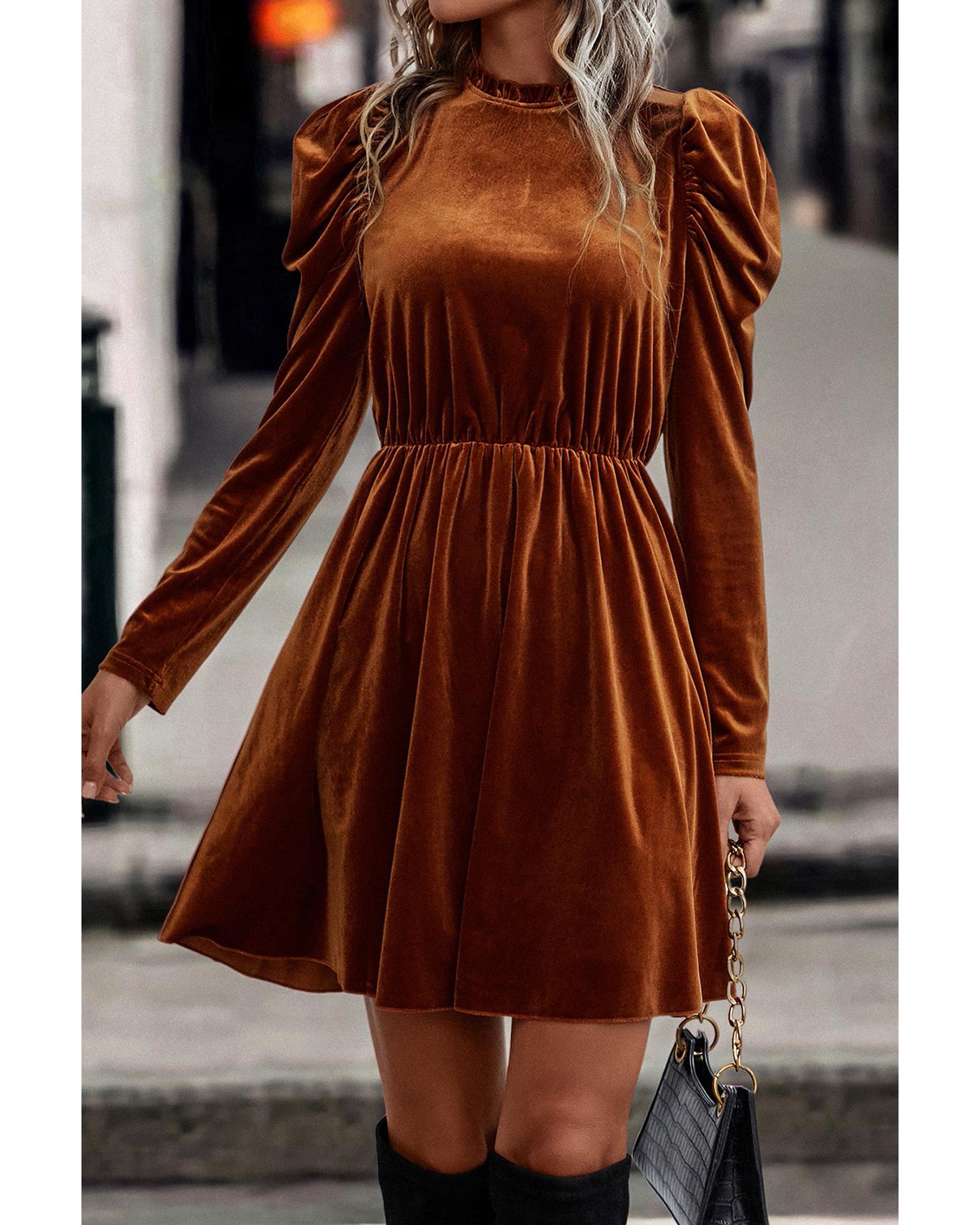 Chestnut Velvet Frilled Neck Gigot Sleeve Swing Dress - XL 6