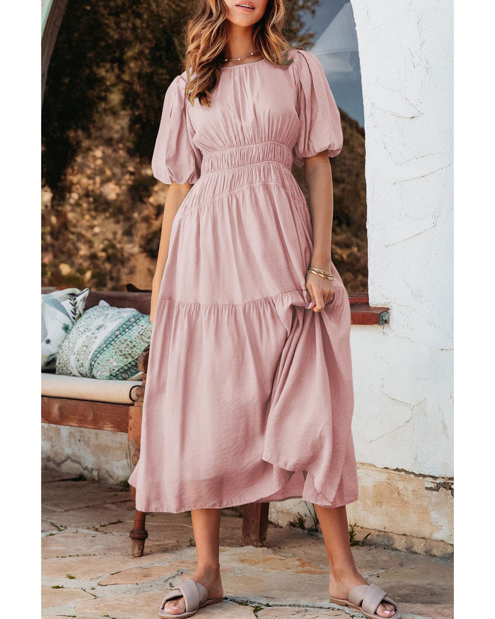 Pink Puff Sleeve Pleated High Waist Flowy Long Dress - L