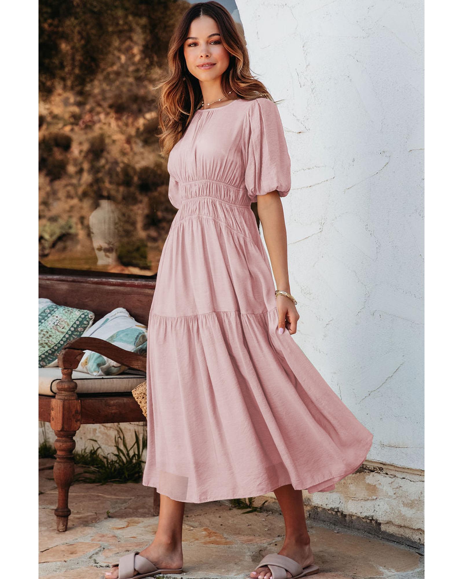 Pink Puff Sleeve Pleated High Waist Flowy Long Dress - L 3