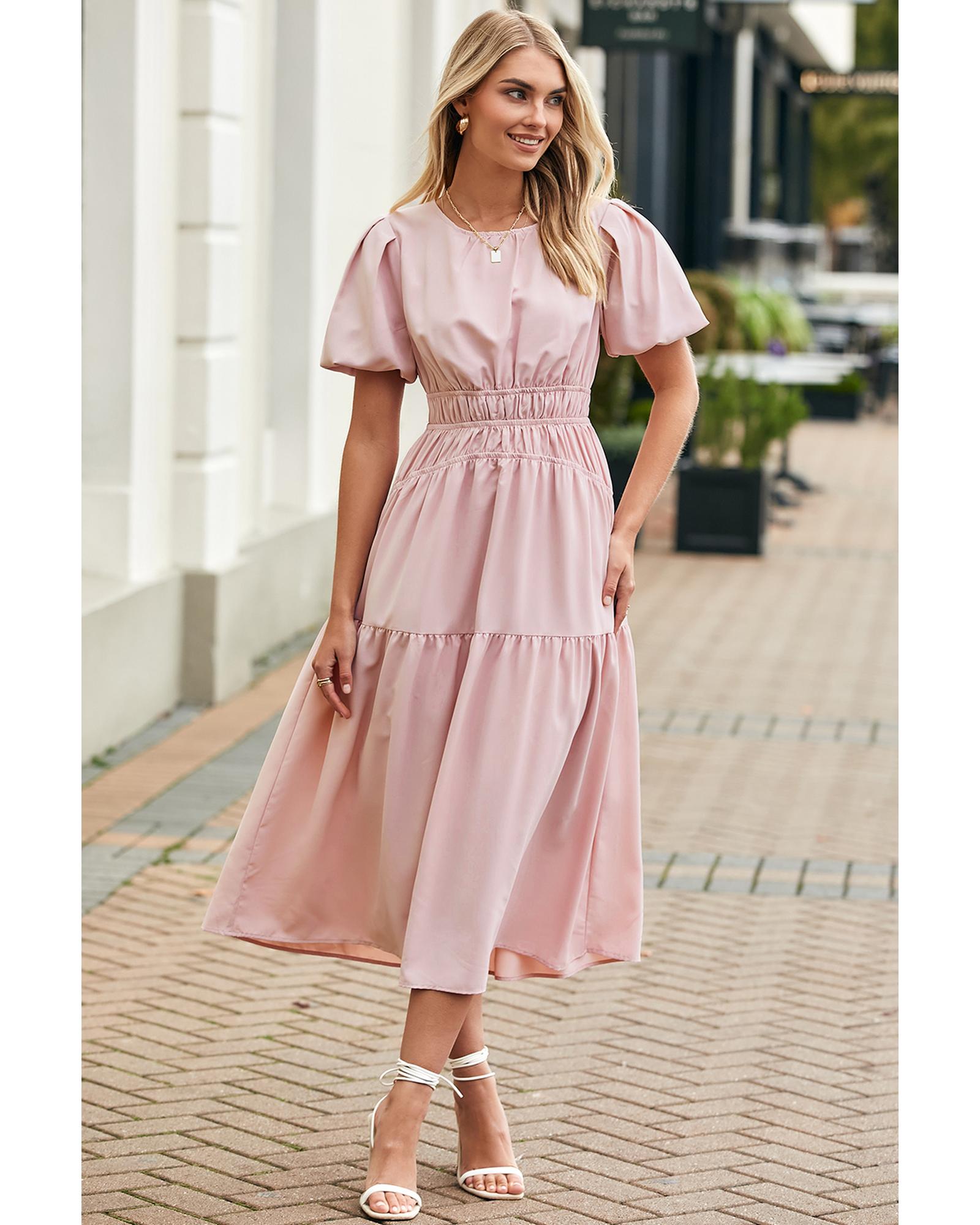 Pink Puff Sleeve Pleated High Waist Flowy Long Dress - L 8