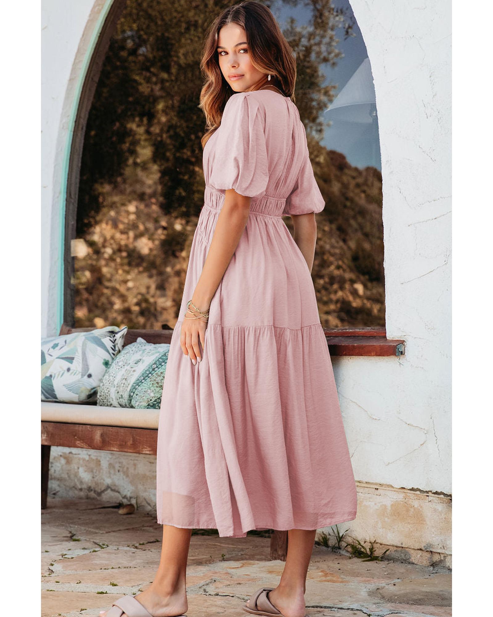 Pink Puff Sleeve Pleated High Waist Flowy Long Dress - M
