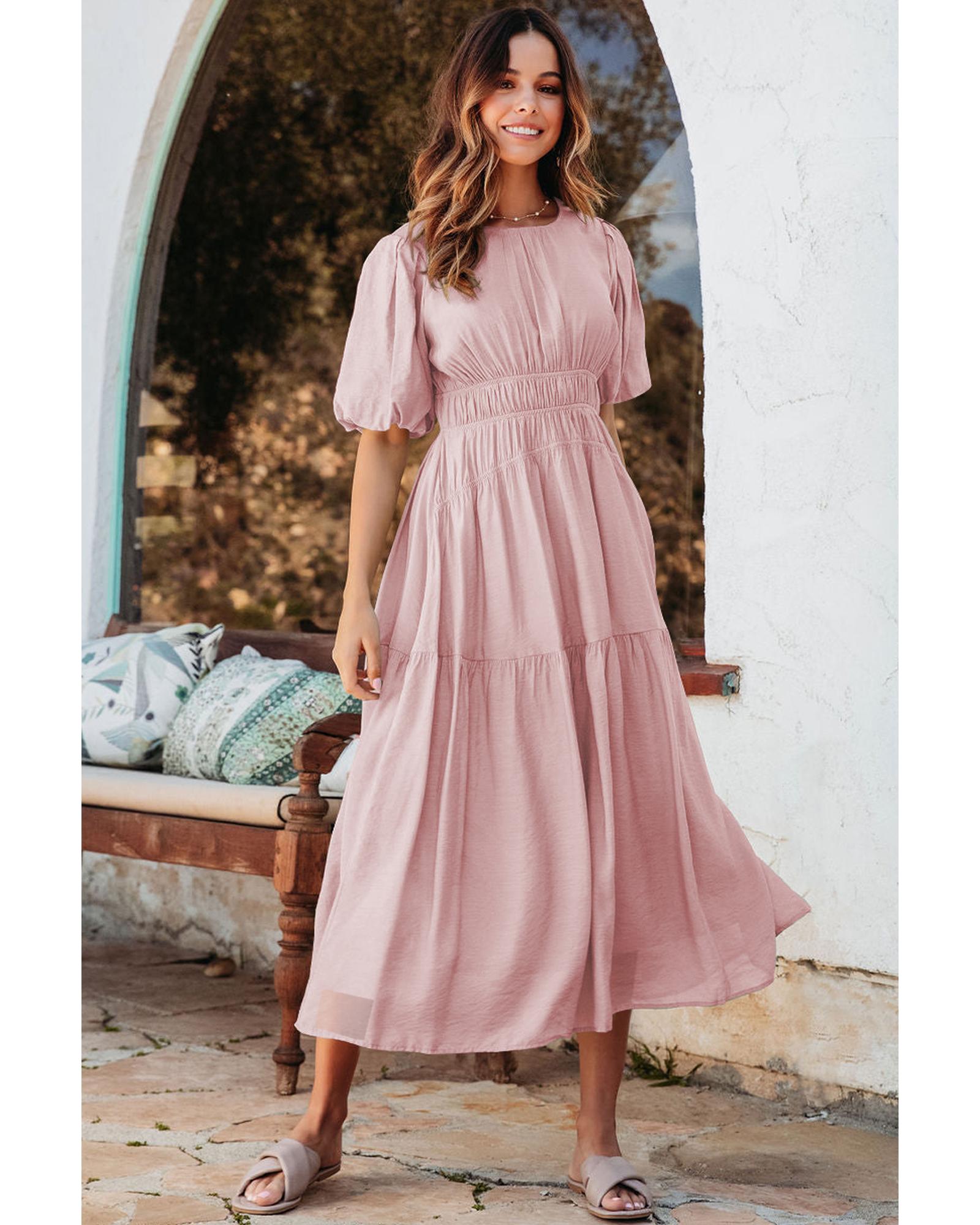 Pink Puff Sleeve Pleated High Waist Flowy Long Dress - S 4