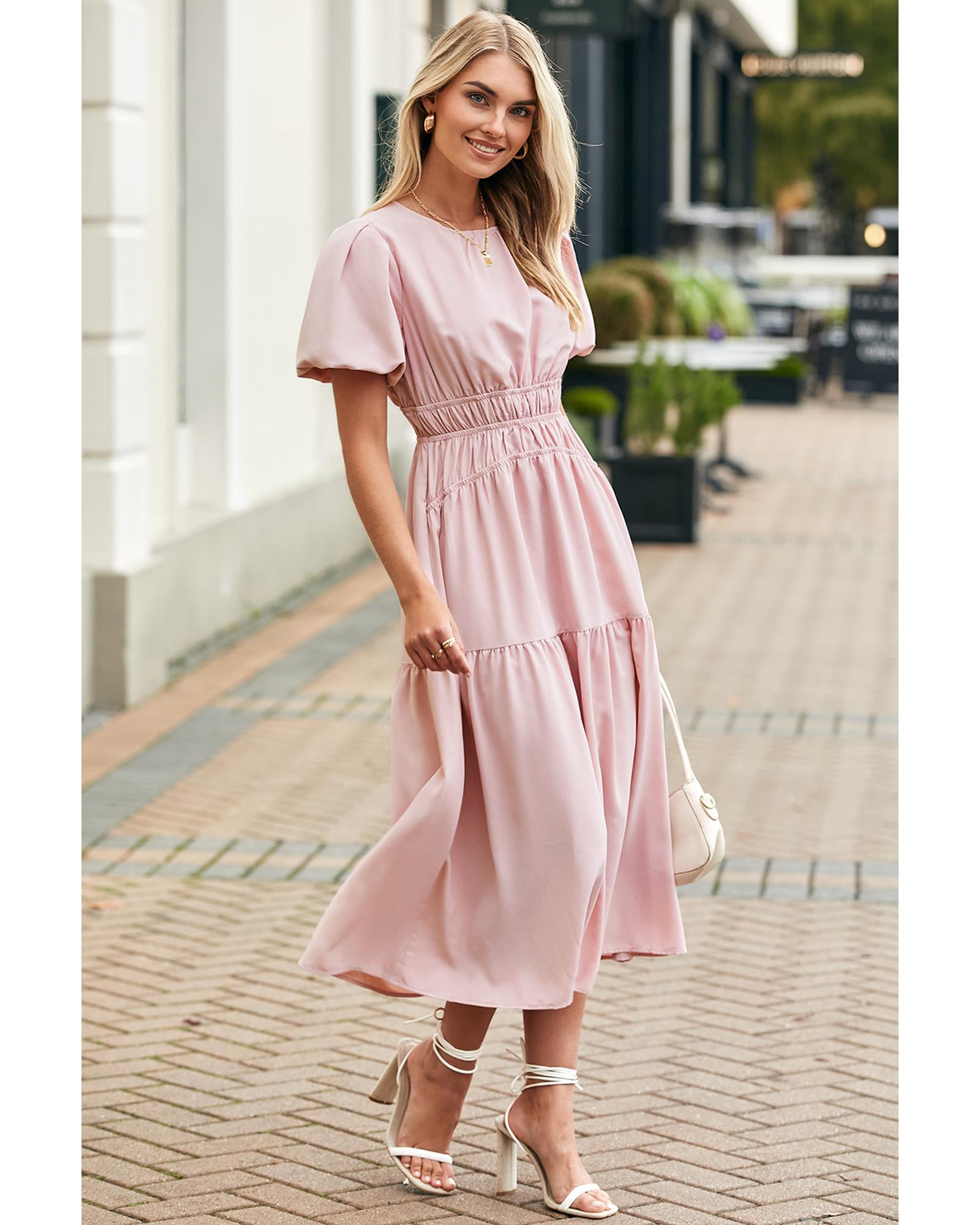 Pink Puff Sleeve Pleated High Waist Flowy Long Dress - S 6