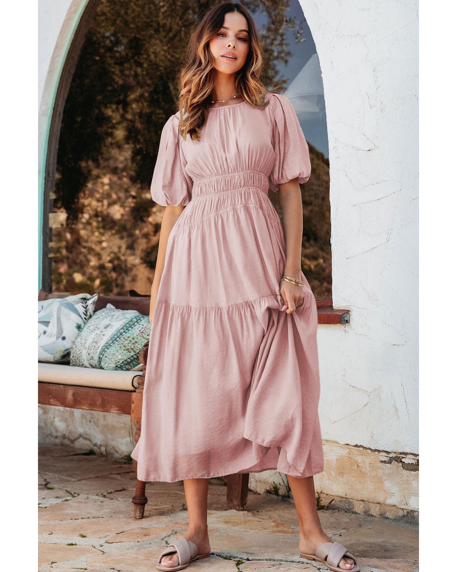 Pink Puff Sleeve Pleated High Waist Flowy Long Dress - XL 4