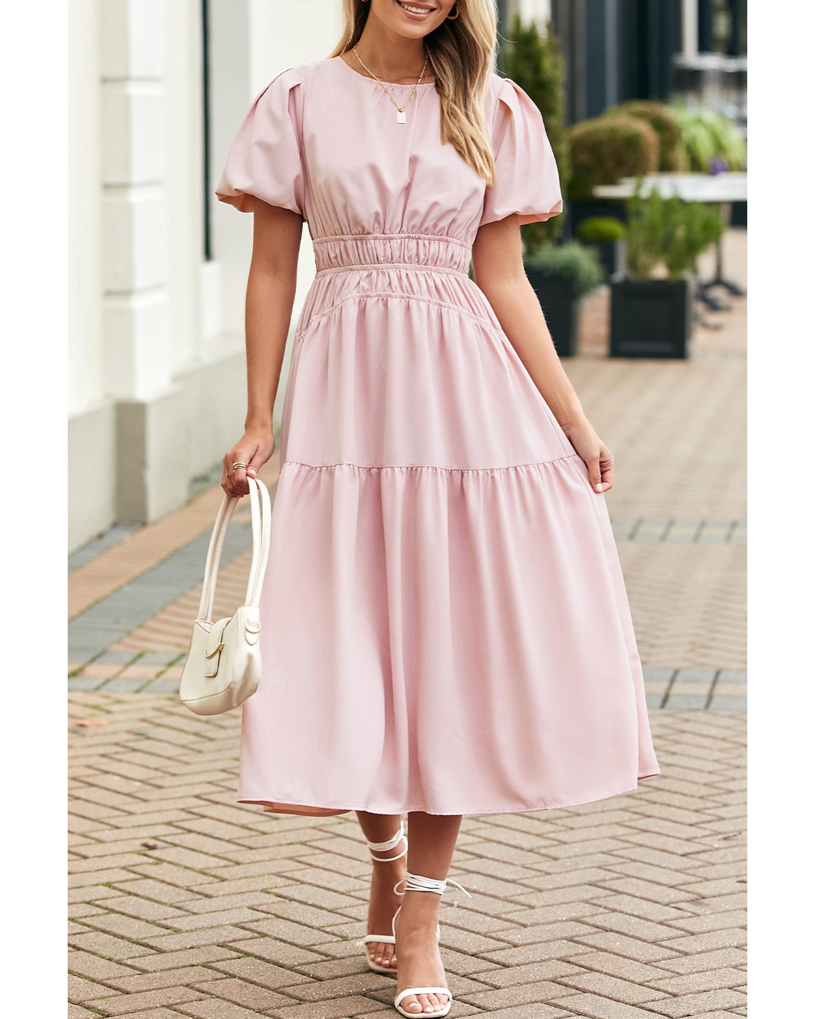 Pink Puff Sleeve Pleated High Waist Flowy Long Dress - XL 6