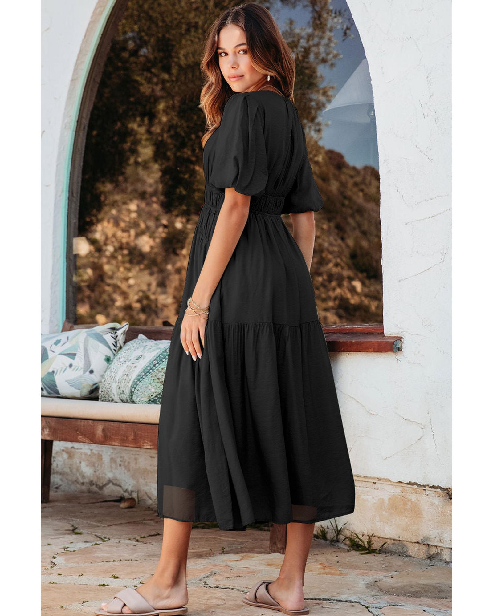 Black Puff Sleeve Pleated High Waist Flowy Long Dress - M