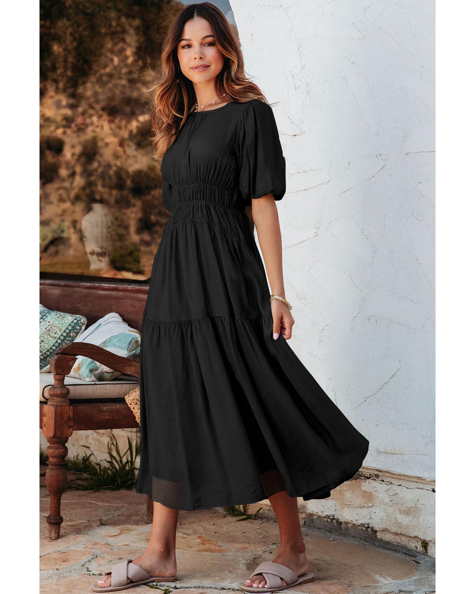 Black Puff Sleeve Pleated High Waist Flowy Long Dress - M 3