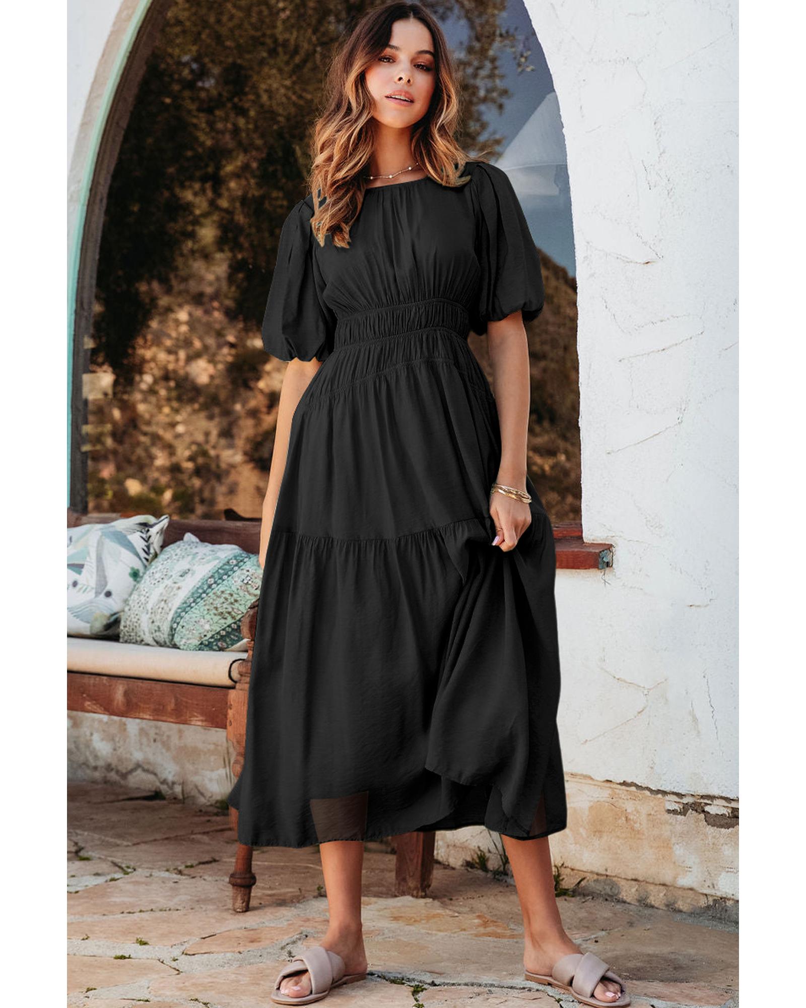 Black Puff Sleeve Pleated High Waist Flowy Long Dress - M 4