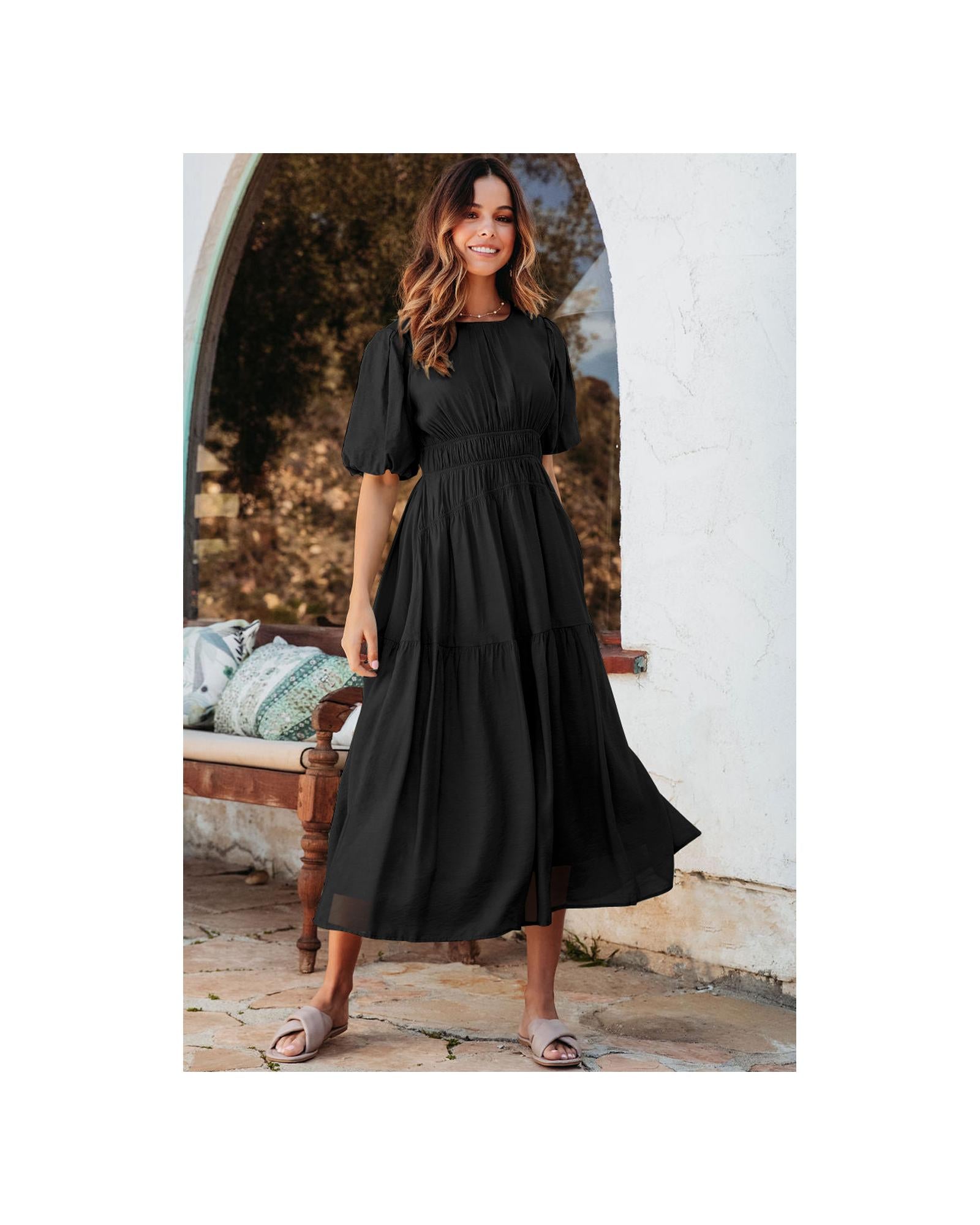 Black Puff Sleeve Pleated High Waist Flowy Long Dress - XL 4