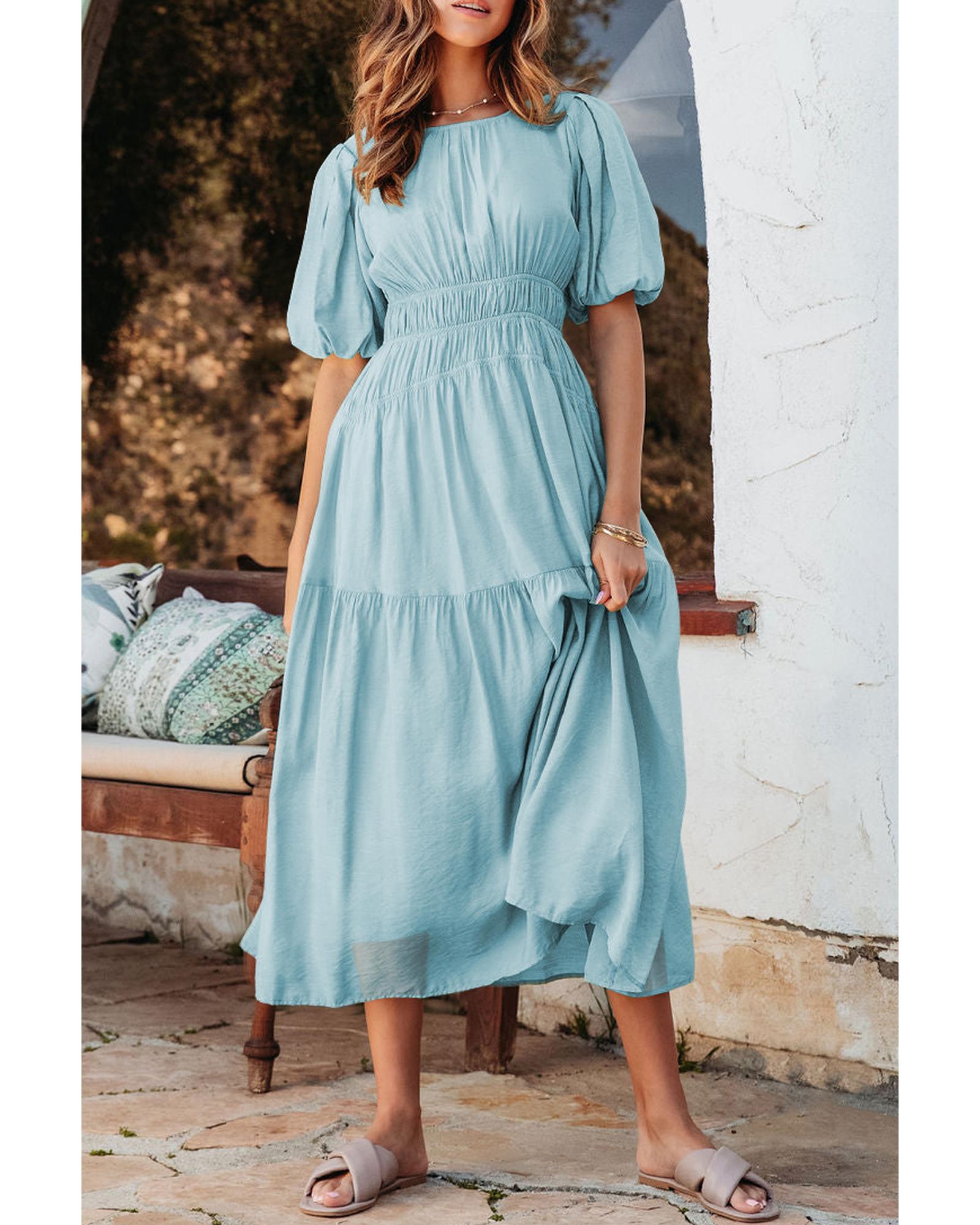 Light Blue Puff Sleeve Pleated High Waist Flowy Long Dress - L