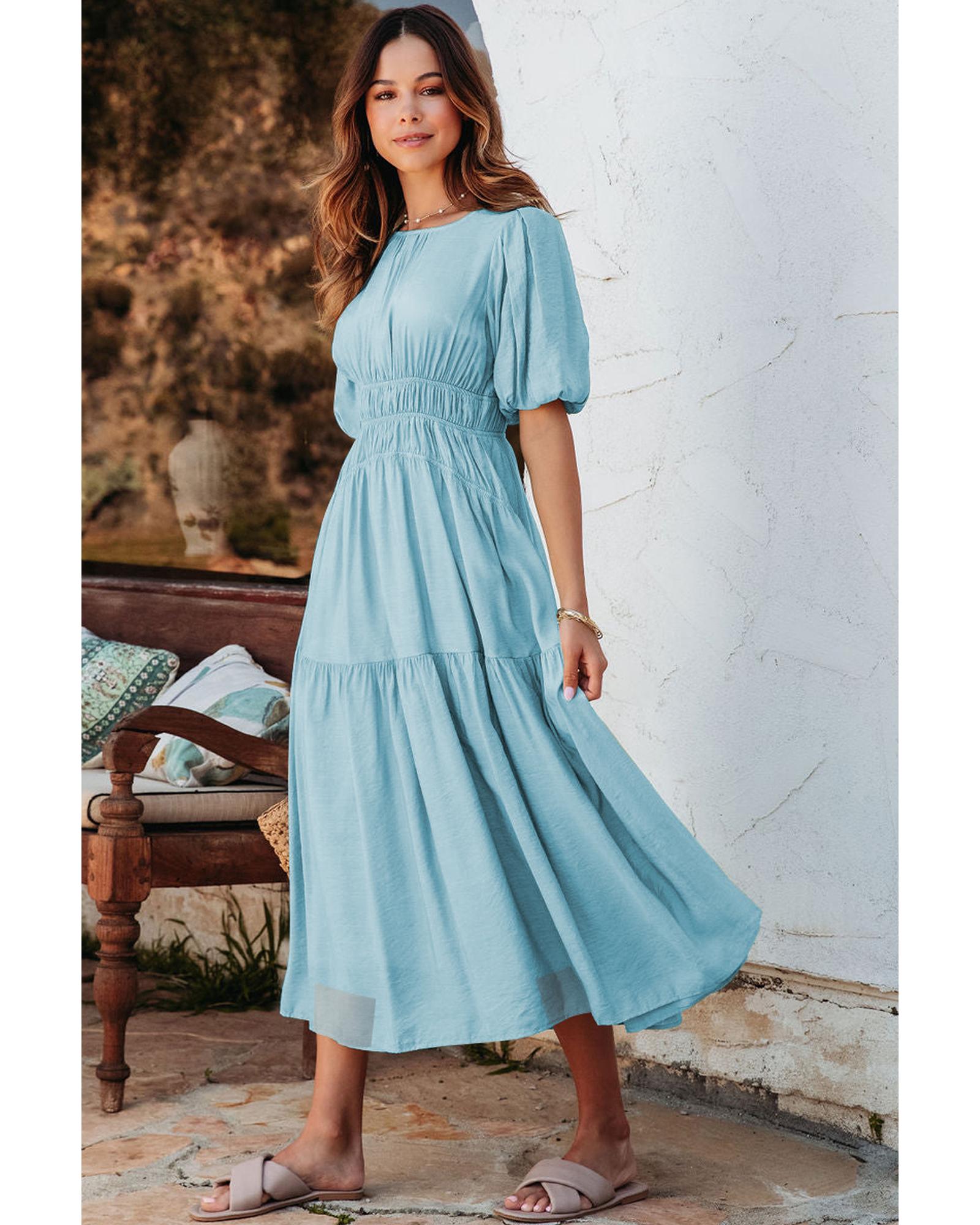 Light Blue Puff Sleeve Pleated High Waist Flowy Long Dress - L 3