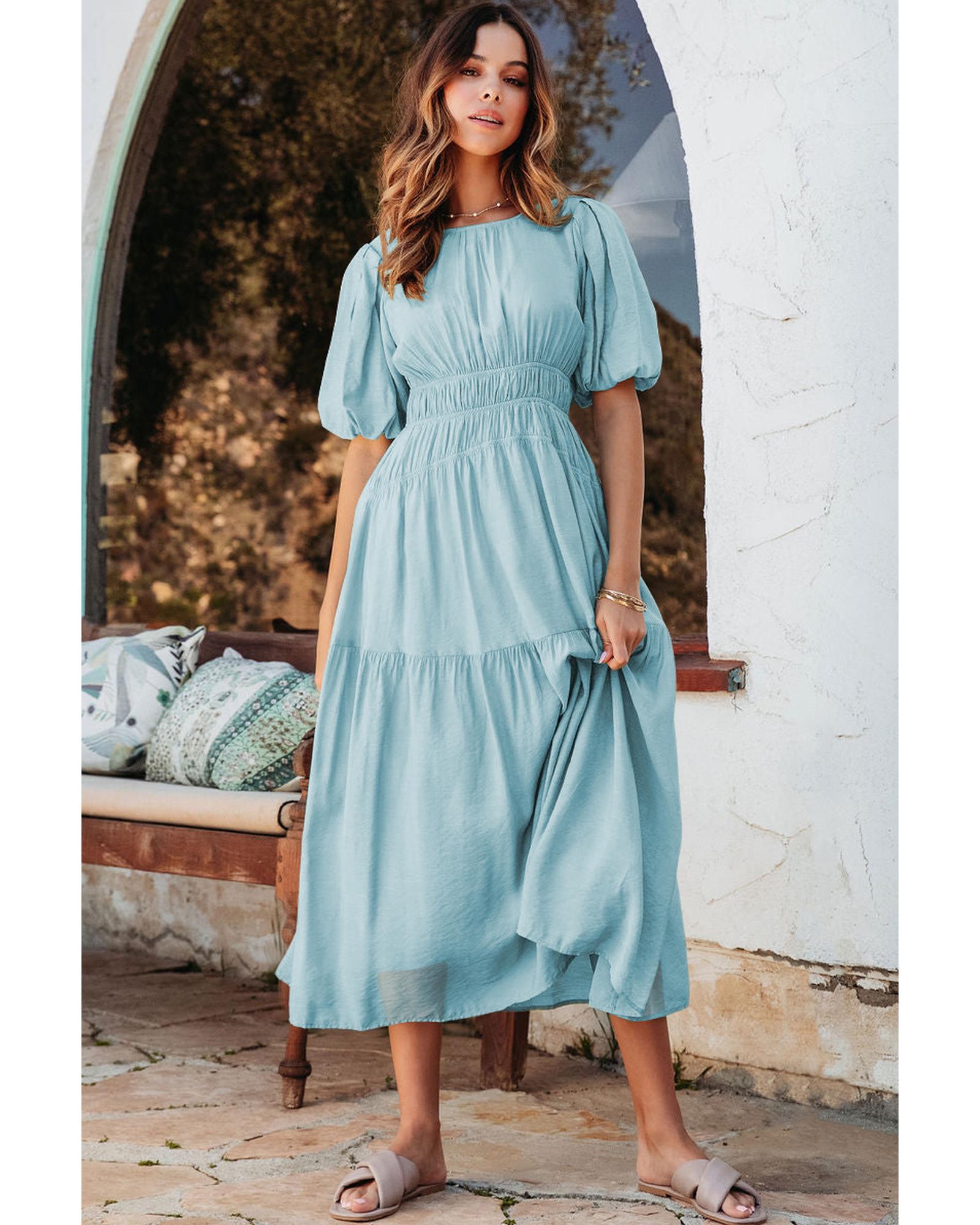 Light Blue Puff Sleeve Pleated High Waist Flowy Long Dress - L 5