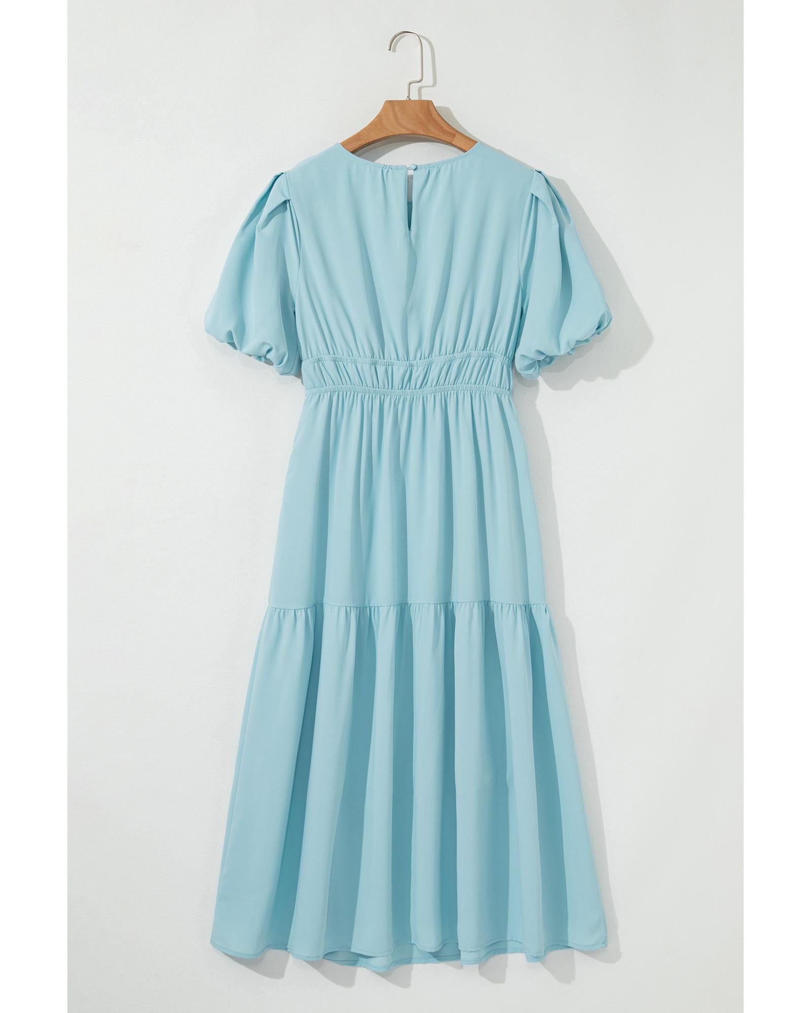 Light Blue Puff Sleeve Pleated High Waist Flowy Long Dress - L 7