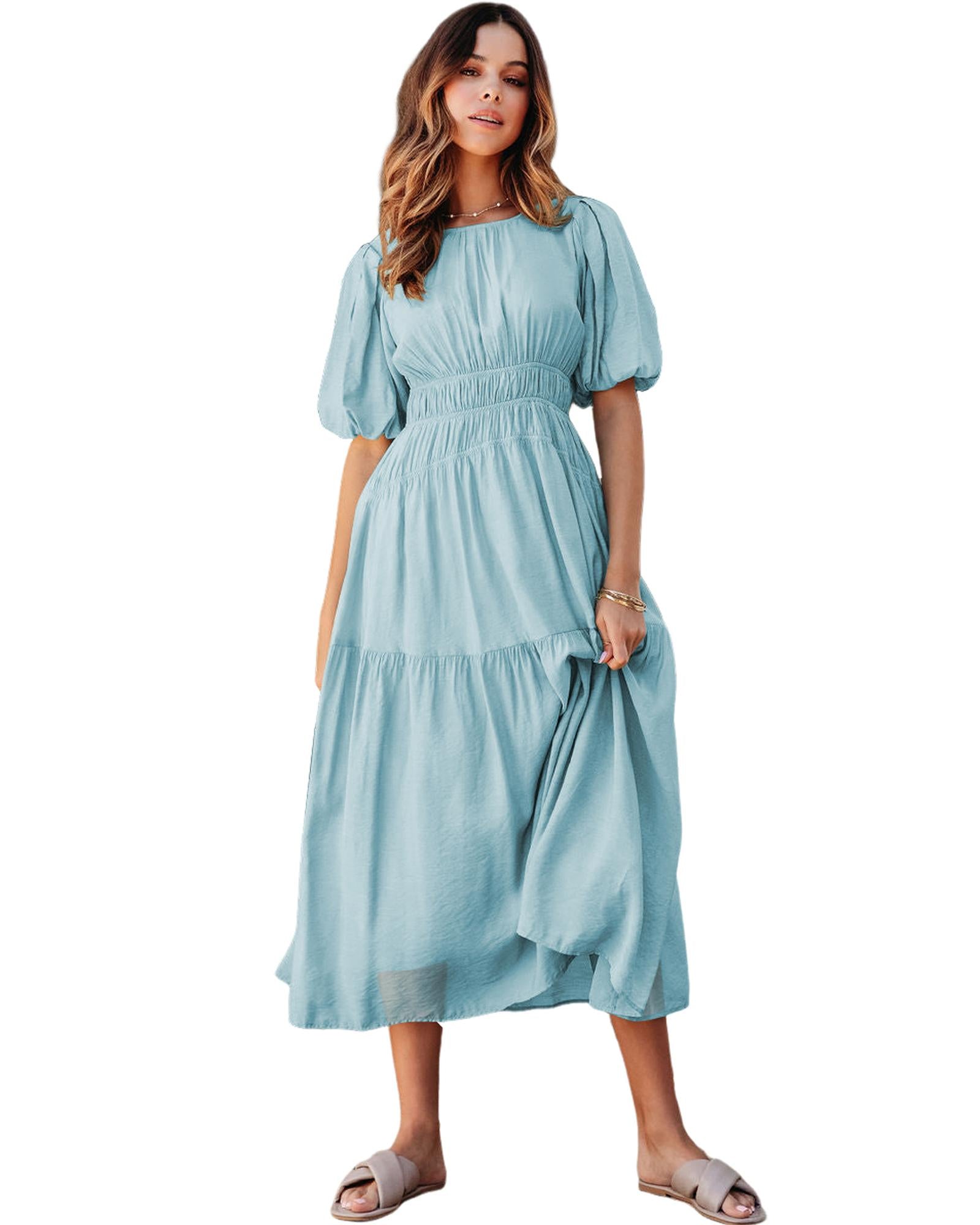 Light Blue Puff Sleeve Pleated High Waist Flowy Long Dress - S 5