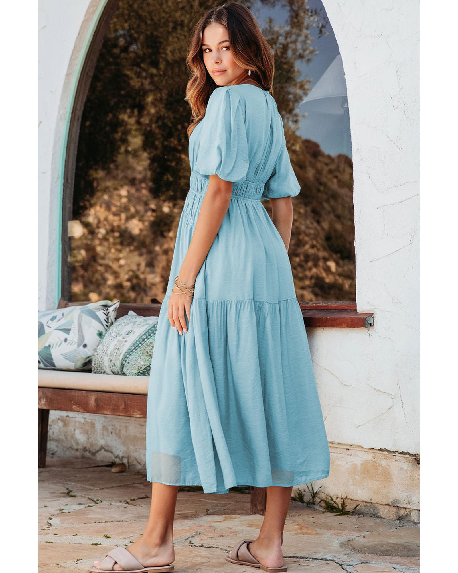 Light Blue Puff Sleeve Pleated High Waist Flowy Long Dress - XL