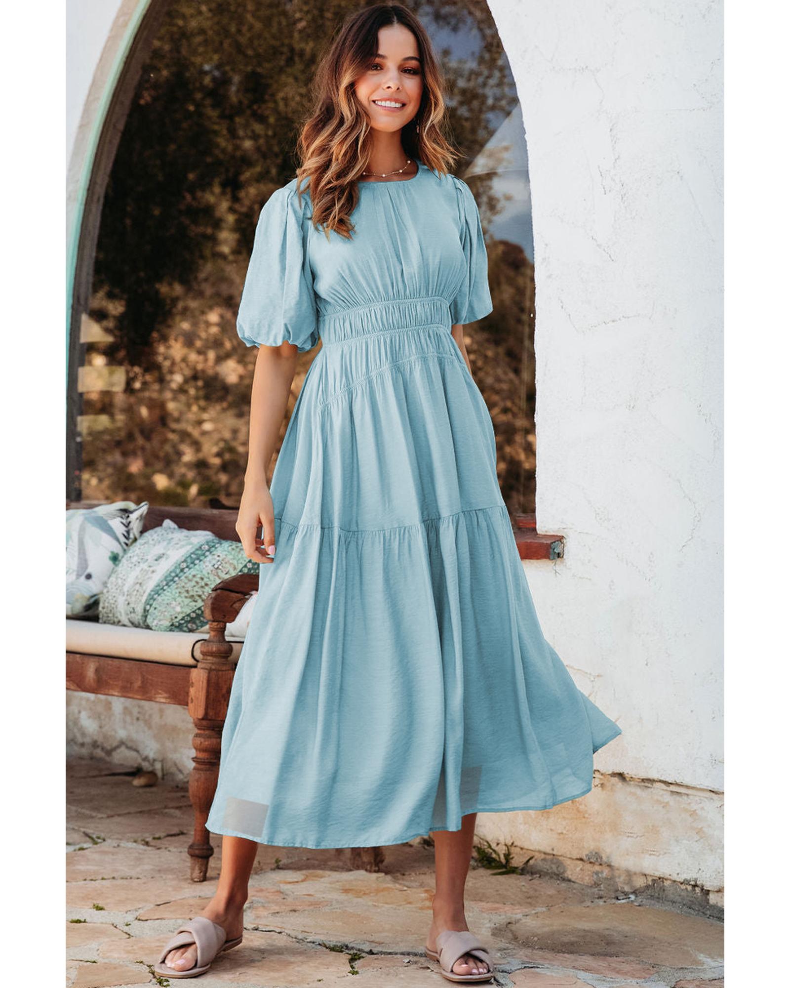 Light Blue Puff Sleeve Pleated High Waist Flowy Long Dress - XL 4