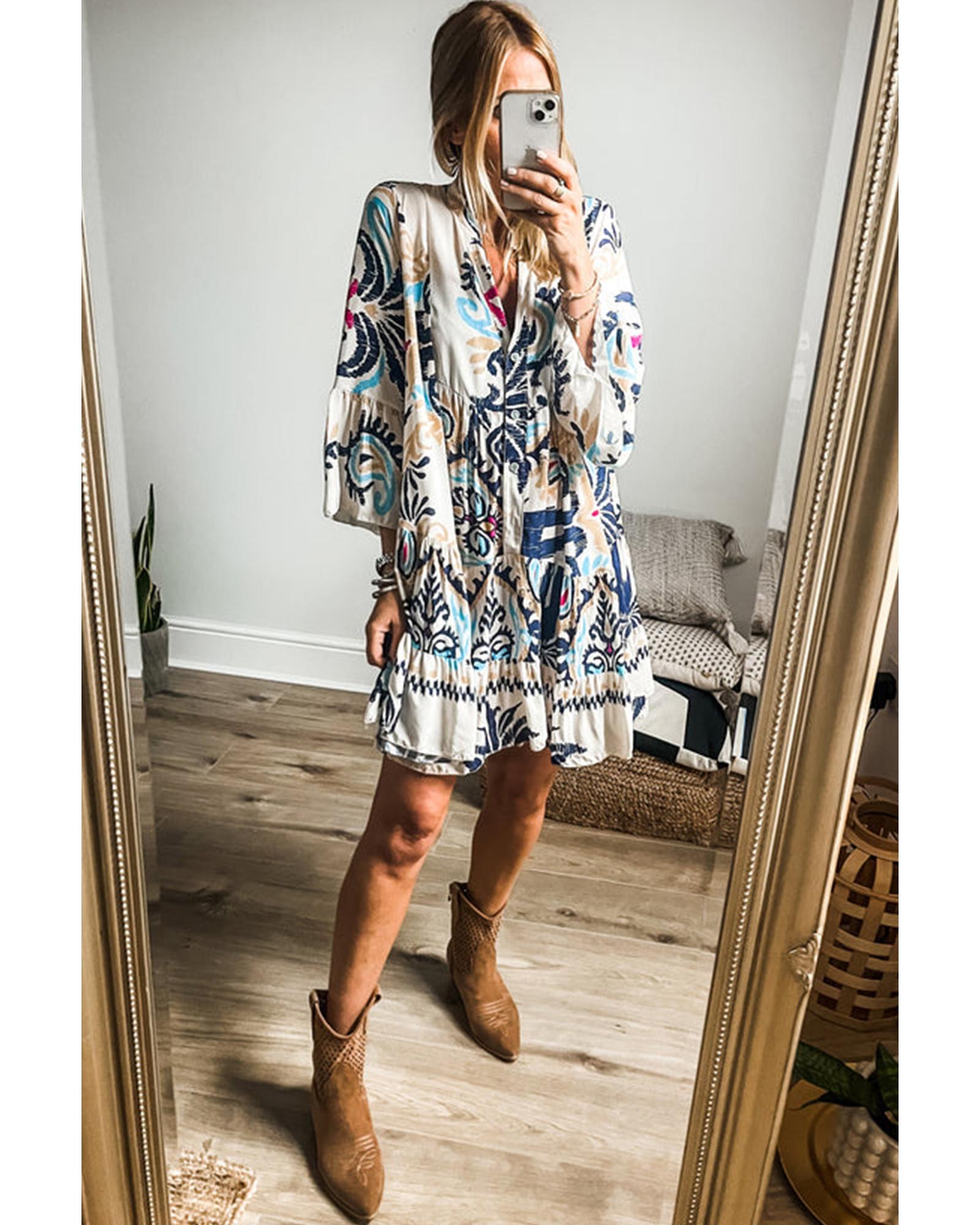 White Printed Tribal Print Bracelet Sleeve Buttoned Mini Dress - S 3