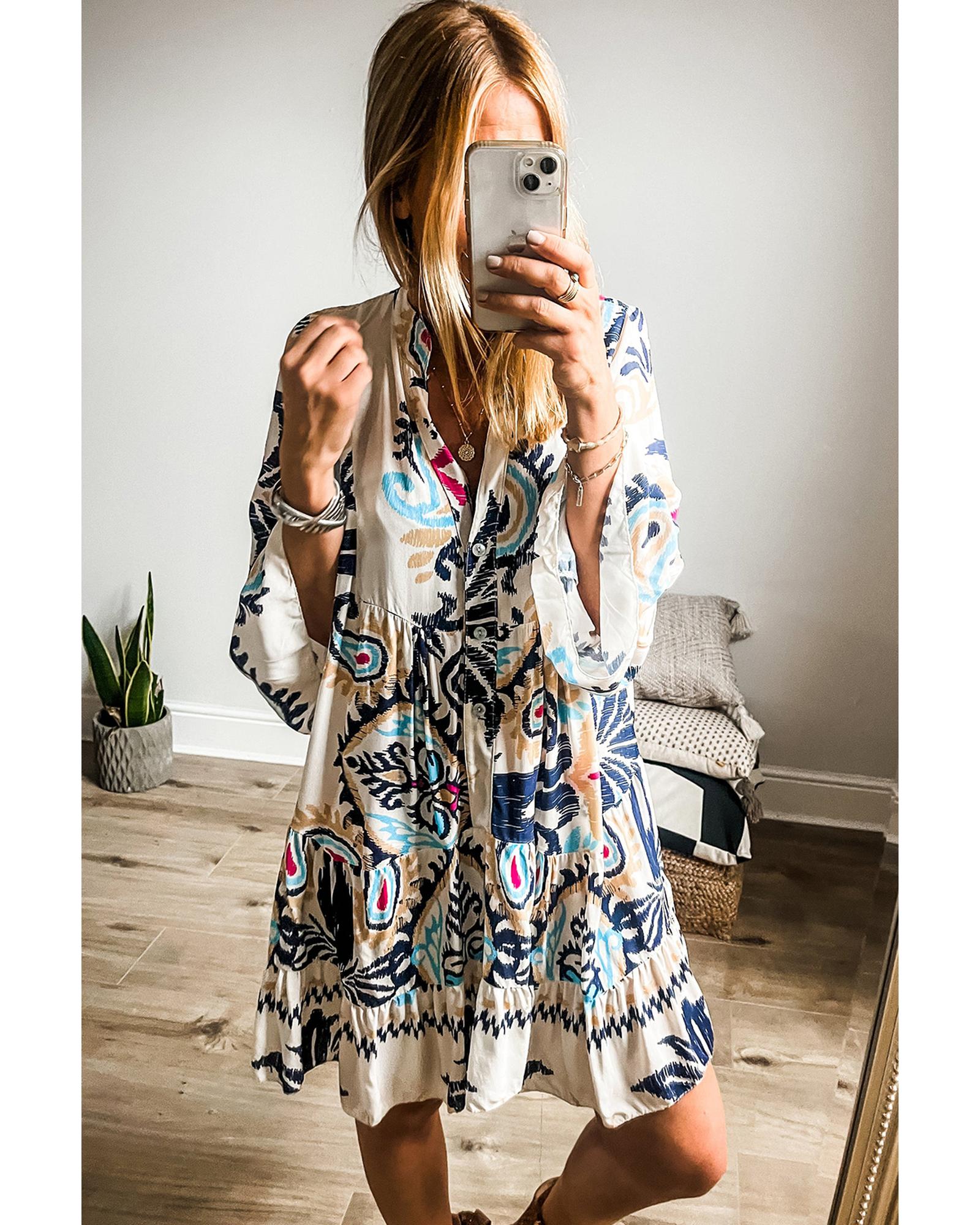 White Printed Tribal Print Bracelet Sleeve Buttoned Mini Dress - S 5