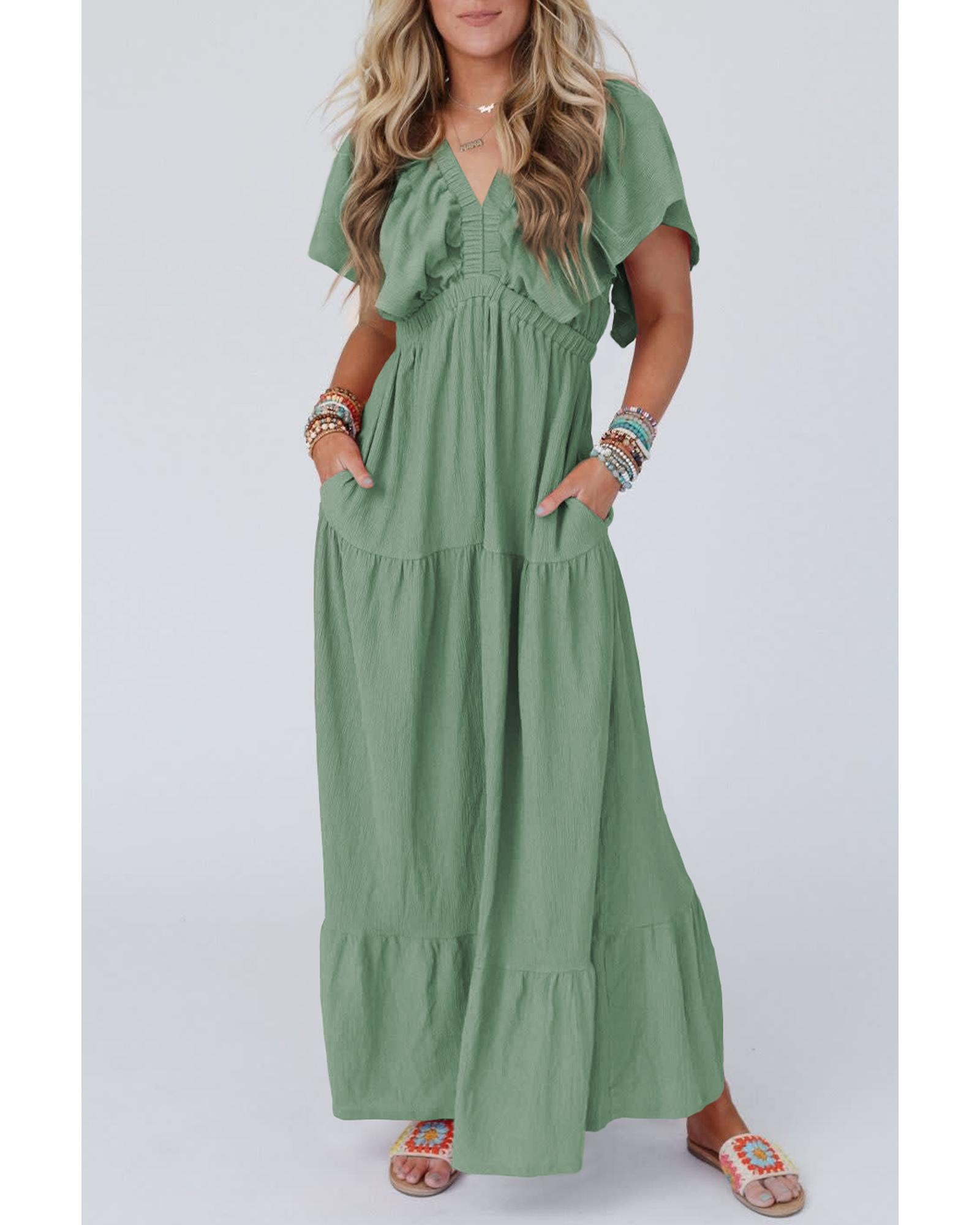 Grass Green Textured V Neck Flutter Sleeve Ruffled Maxi Dress - 2XL