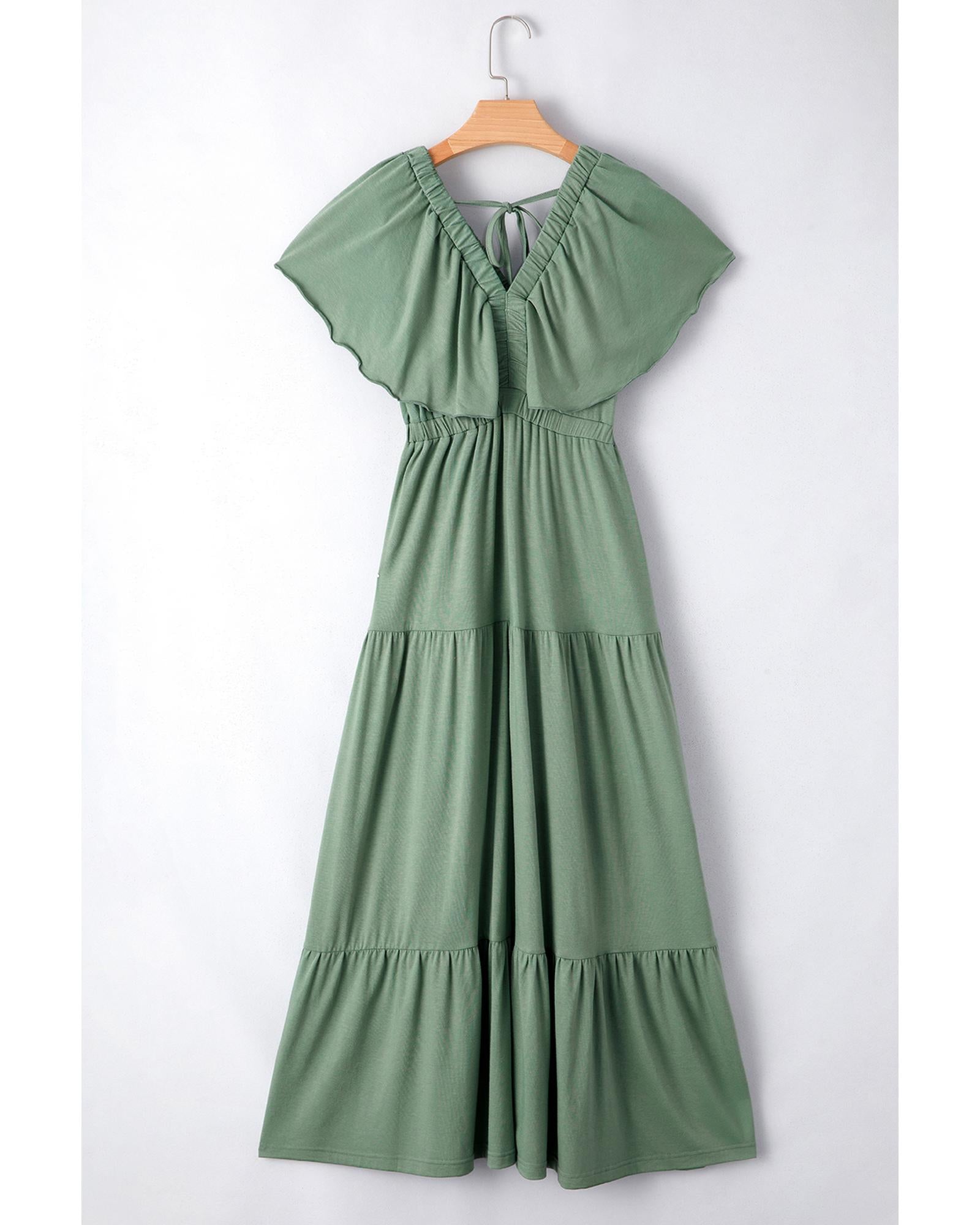 Grass Green Textured V Neck Flutter Sleeve Ruffled Maxi Dress - 2XL 3