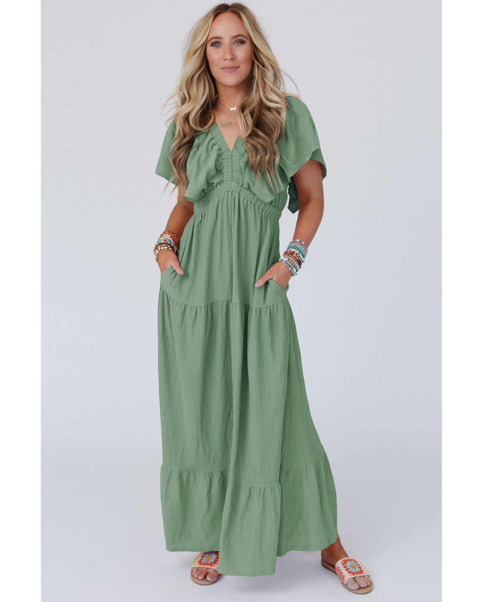 Grass Green Textured V Neck Flutter Sleeve Ruffled Maxi Dress - L 3