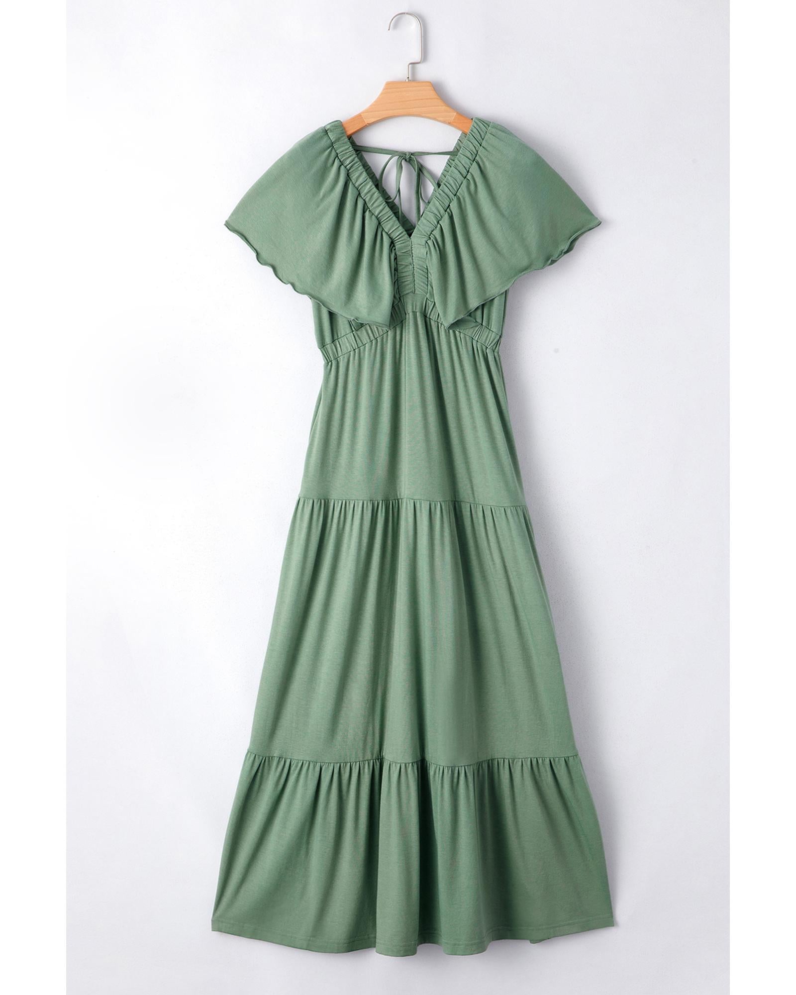 Grass Green Textured V Neck Flutter Sleeve Ruffled Maxi Dress - S 5