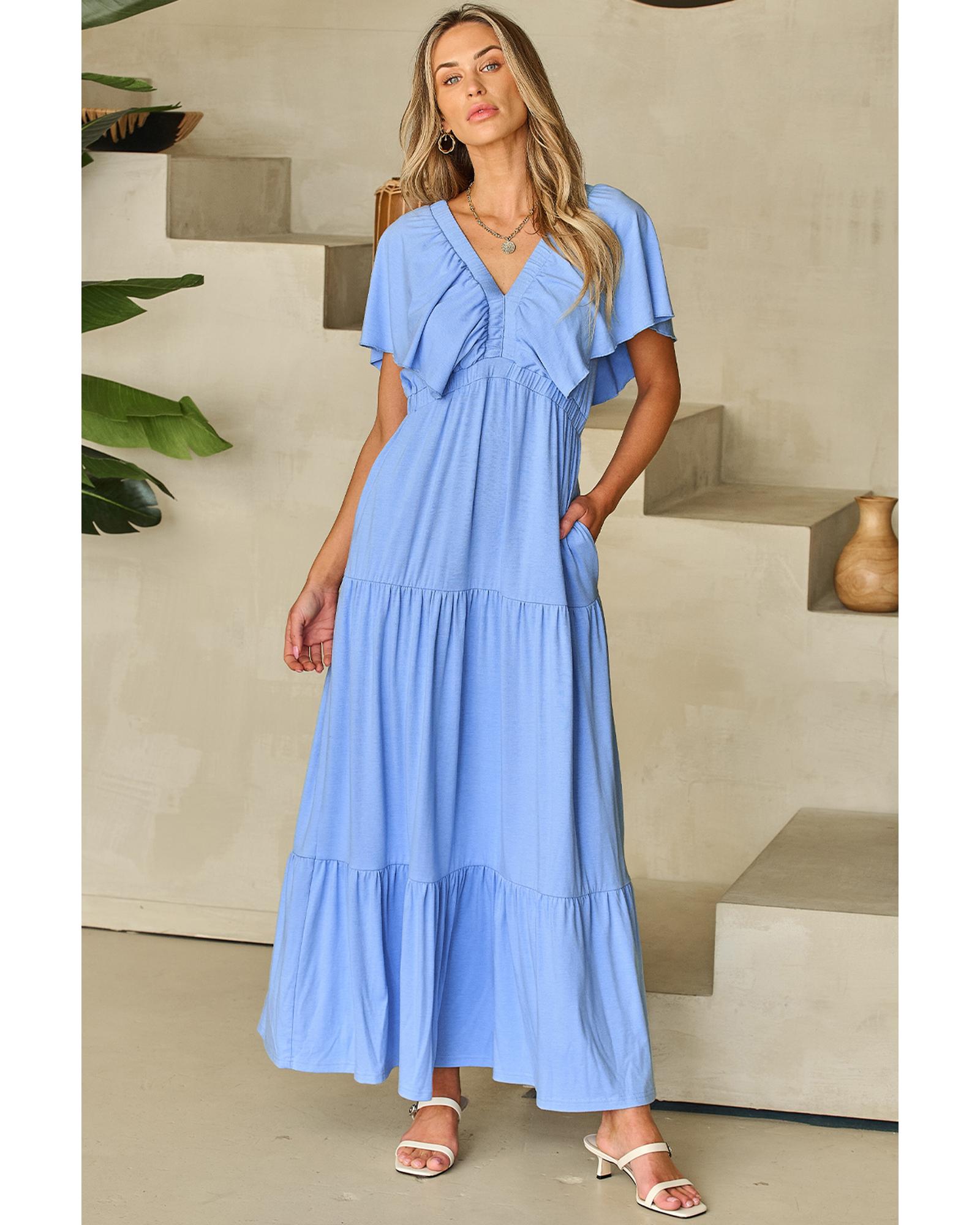 Sky Blue Textured V Neck Flutter Sleeve Ruffled Maxi Dress - 2XL