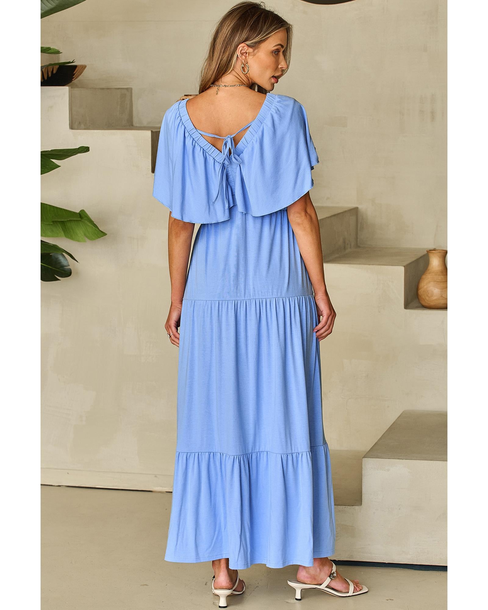 Sky Blue Textured V Neck Flutter Sleeve Ruffled Maxi Dress - 2XL