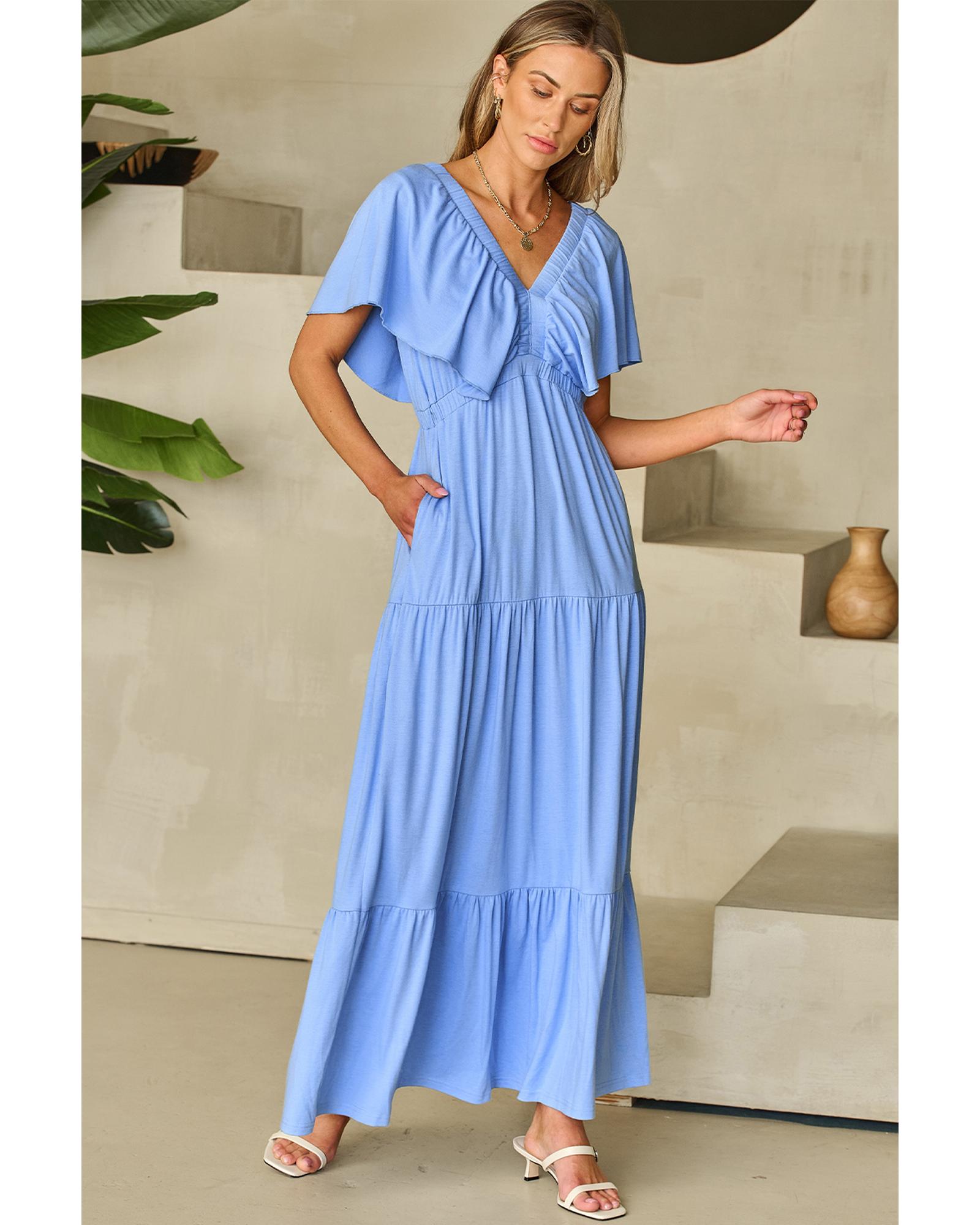 Sky Blue Textured V Neck Flutter Sleeve Ruffled Maxi Dress - M 3
