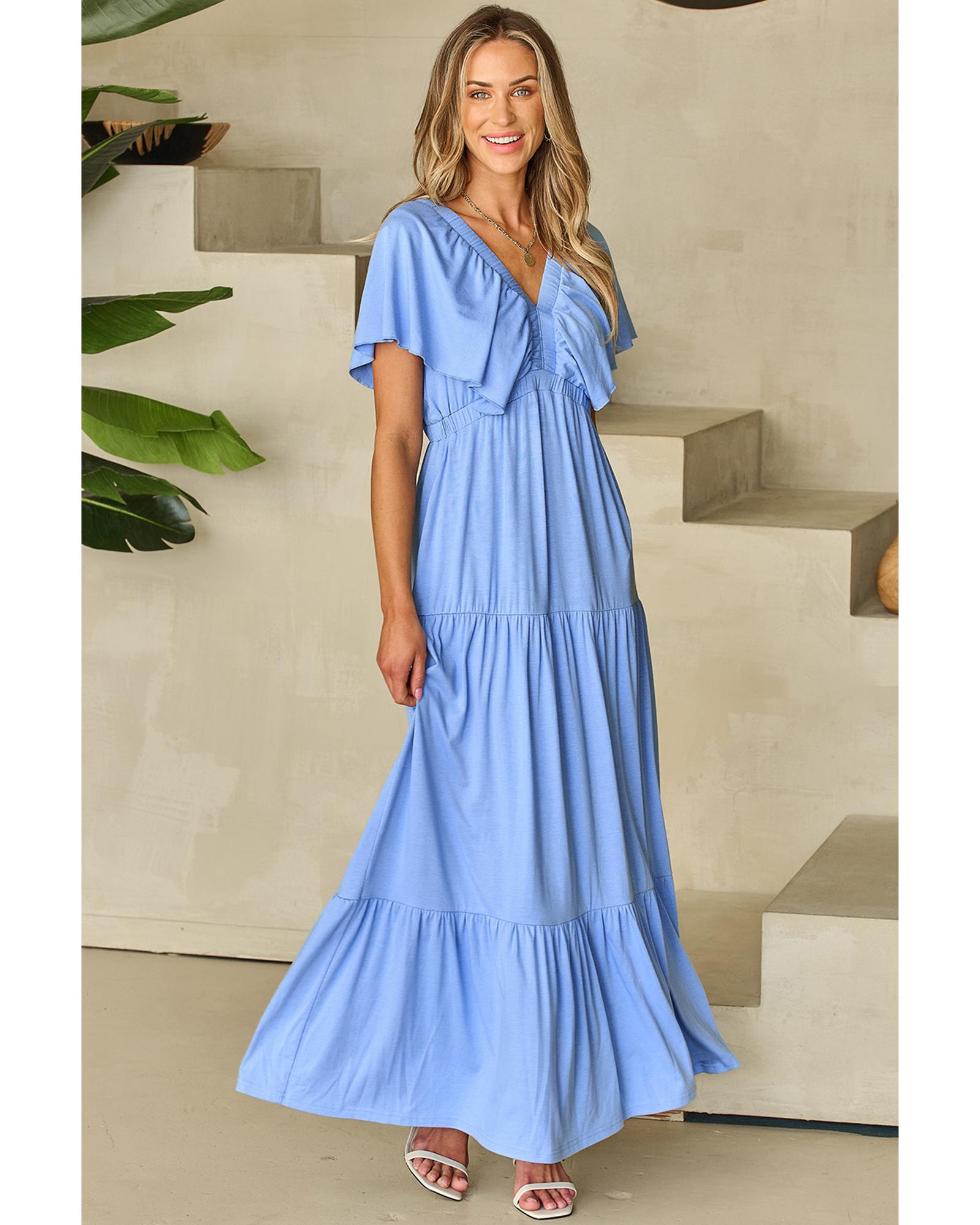Sky Blue Textured V Neck Flutter Sleeve Ruffled Maxi Dress - M 5