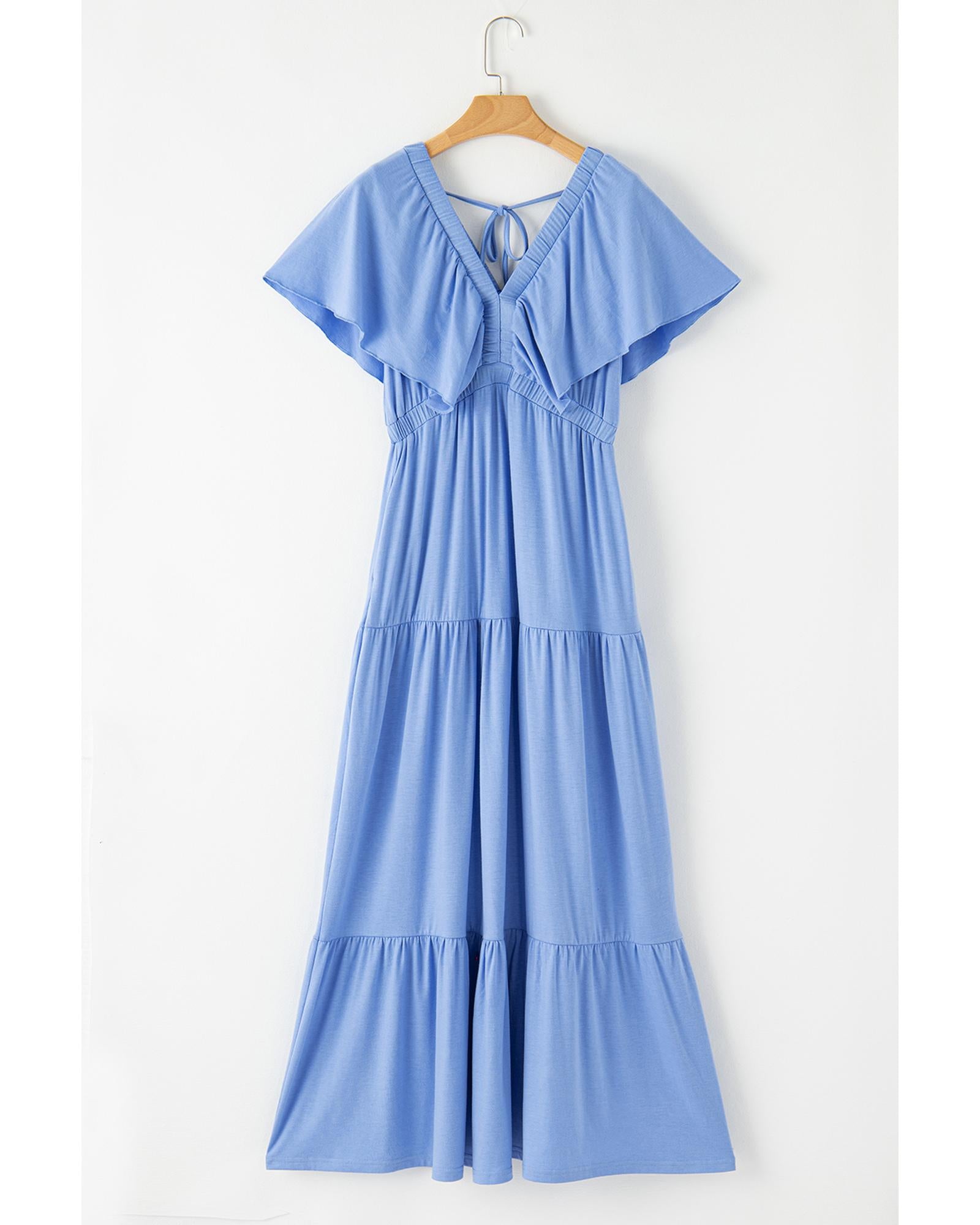 Sky Blue Textured V Neck Flutter Sleeve Ruffled Maxi Dress - M 6