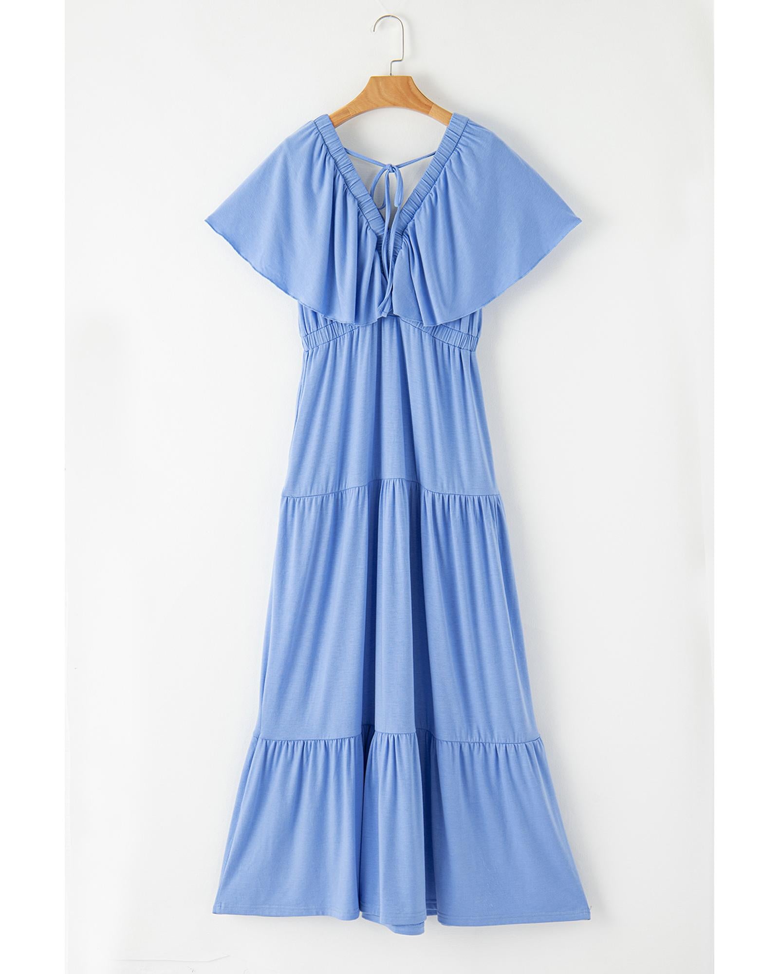 Sky Blue Textured V Neck Flutter Sleeve Ruffled Maxi Dress - S 8