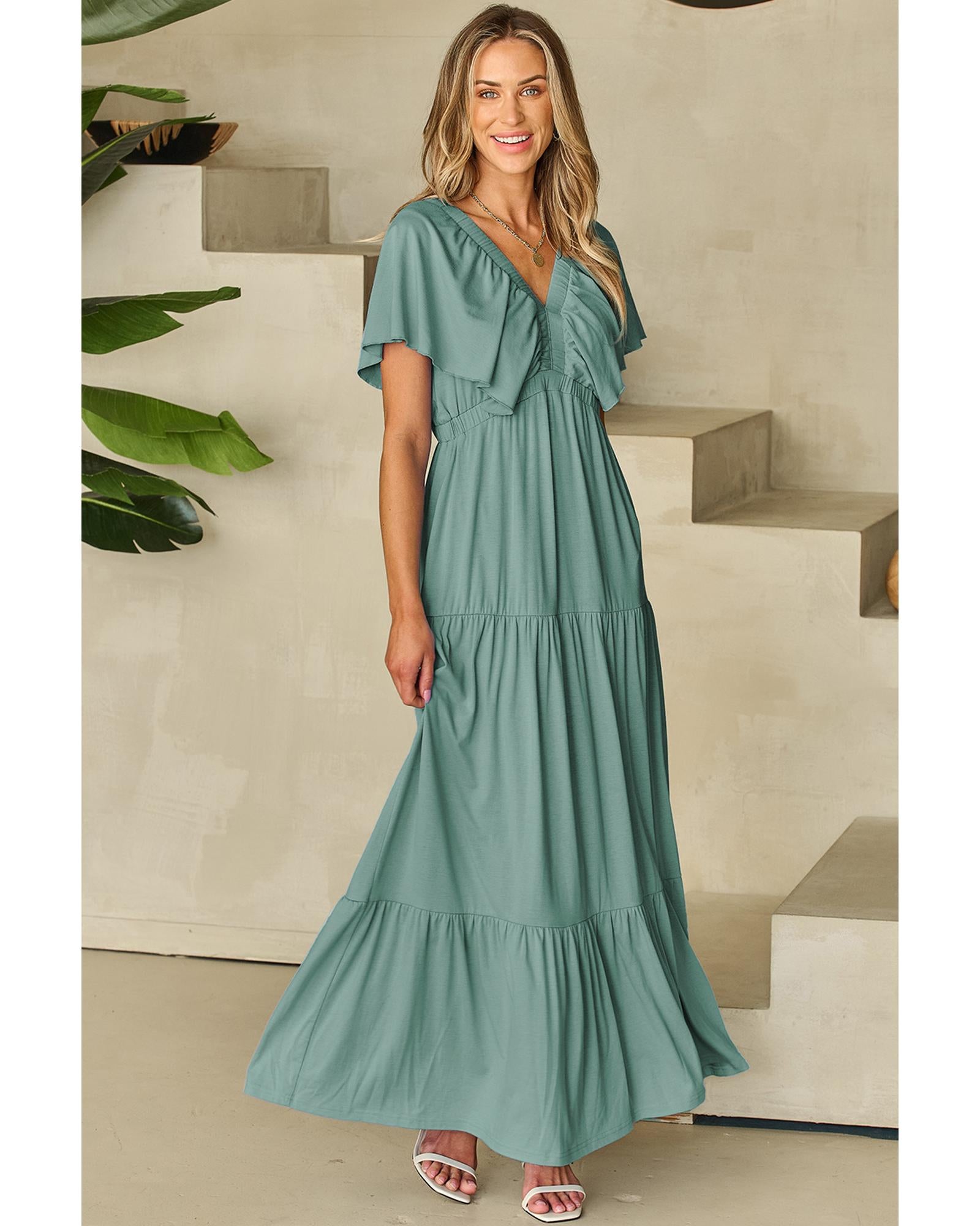 Green Textured V Neck Flutter Sleeve Ruffled Maxi Dress - 2XL 6