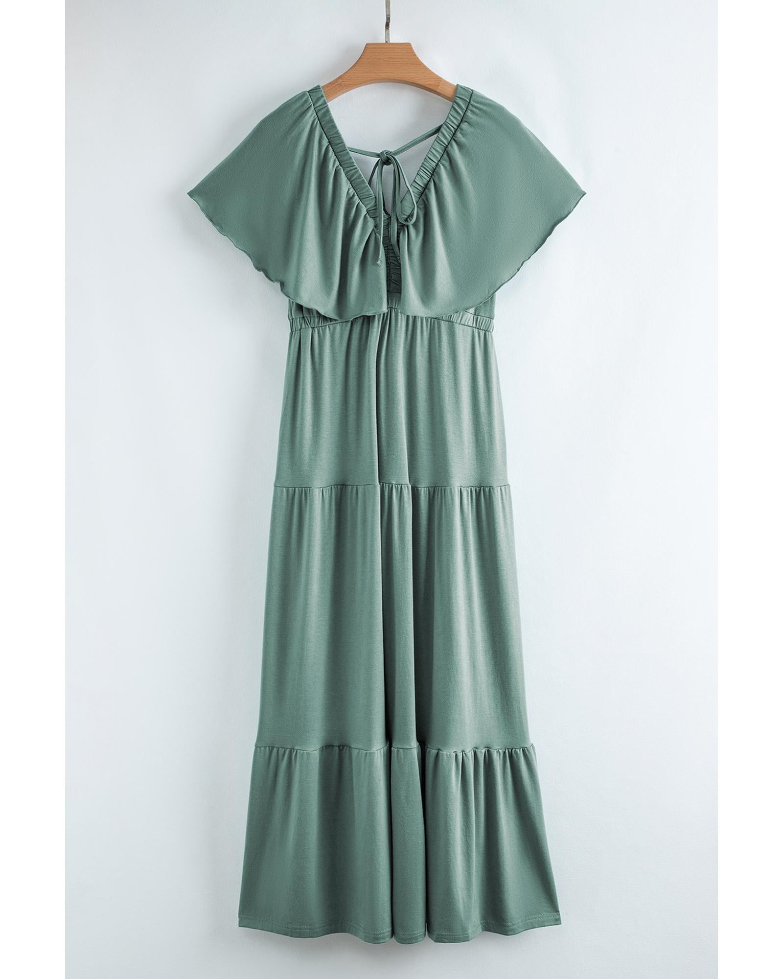 Green Textured V Neck Flutter Sleeve Ruffled Maxi Dress - 2XL 8