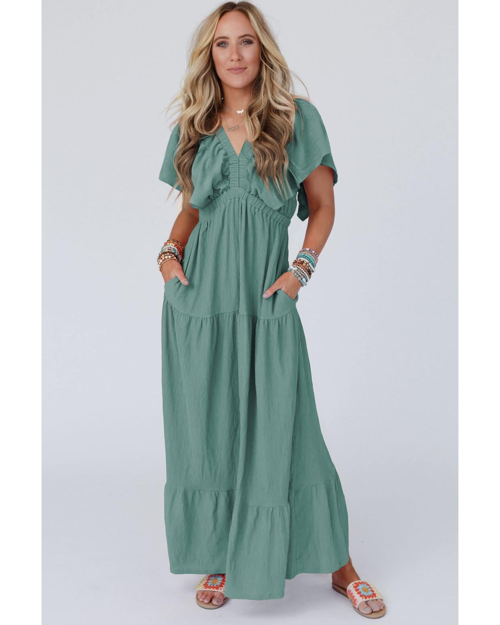 Green Textured V Neck Flutter Sleeve Ruffled Maxi Dress - M 3