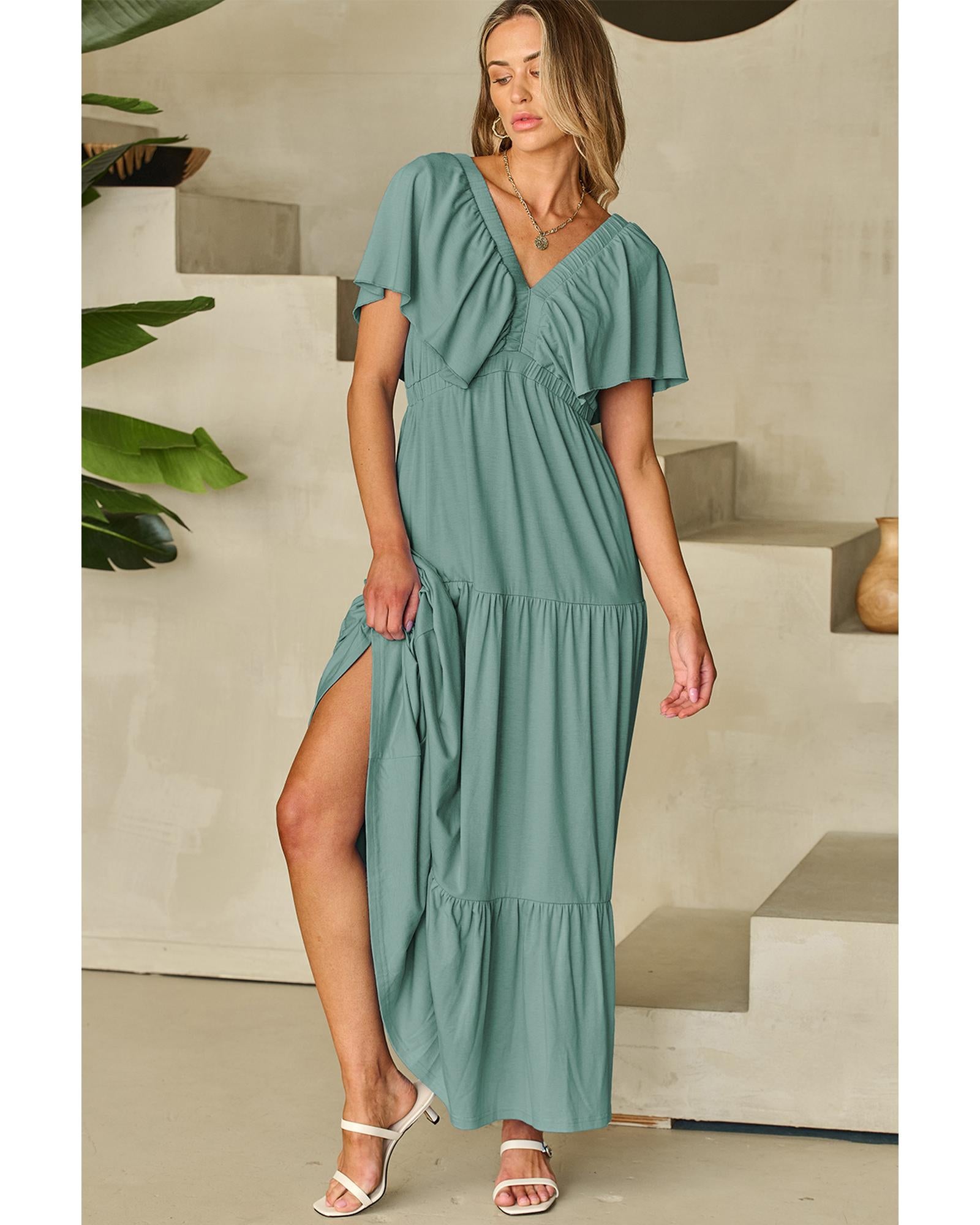 Green Textured V Neck Flutter Sleeve Ruffled Maxi Dress - M 4