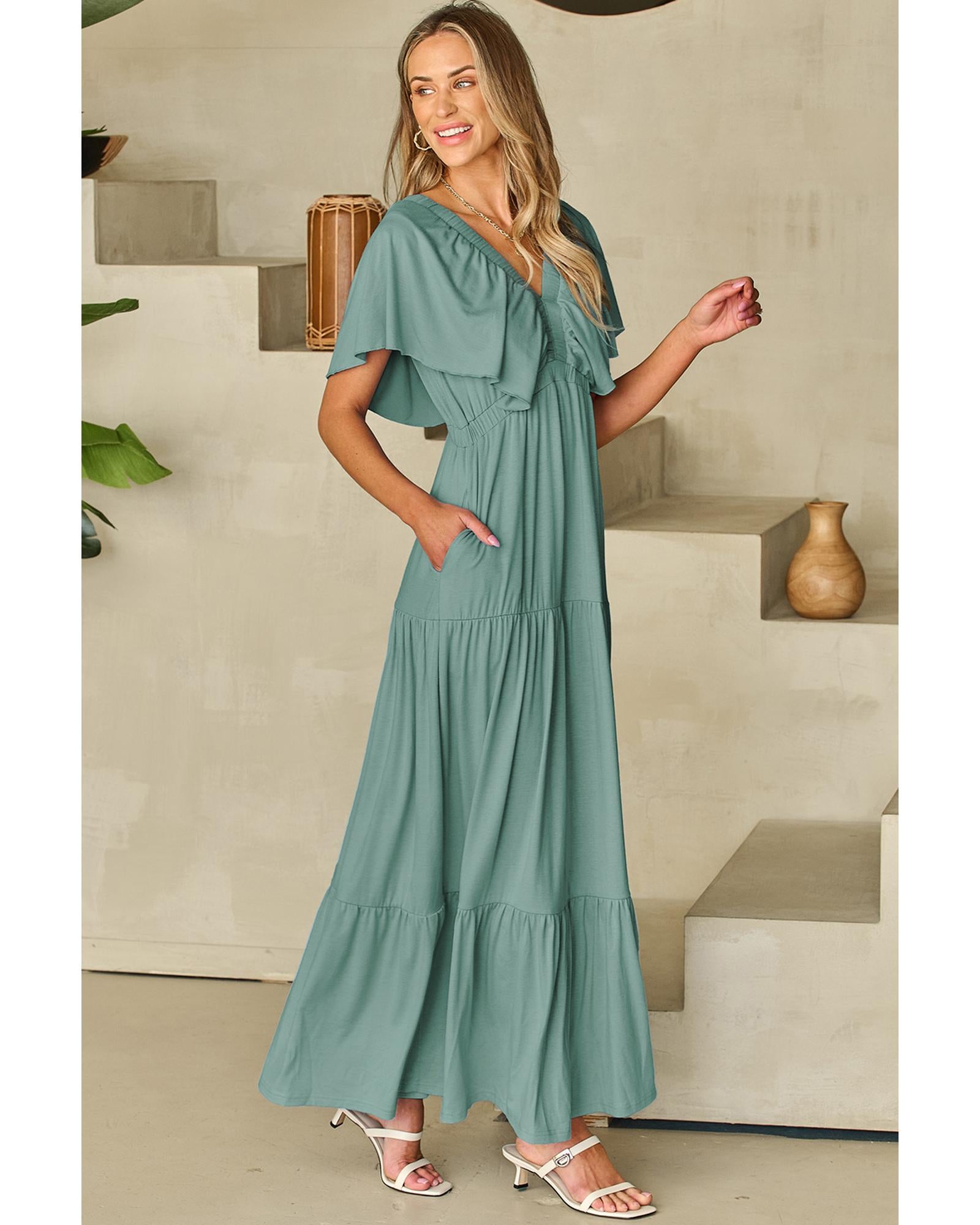 Green Textured V Neck Flutter Sleeve Ruffled Maxi Dress - M 5
