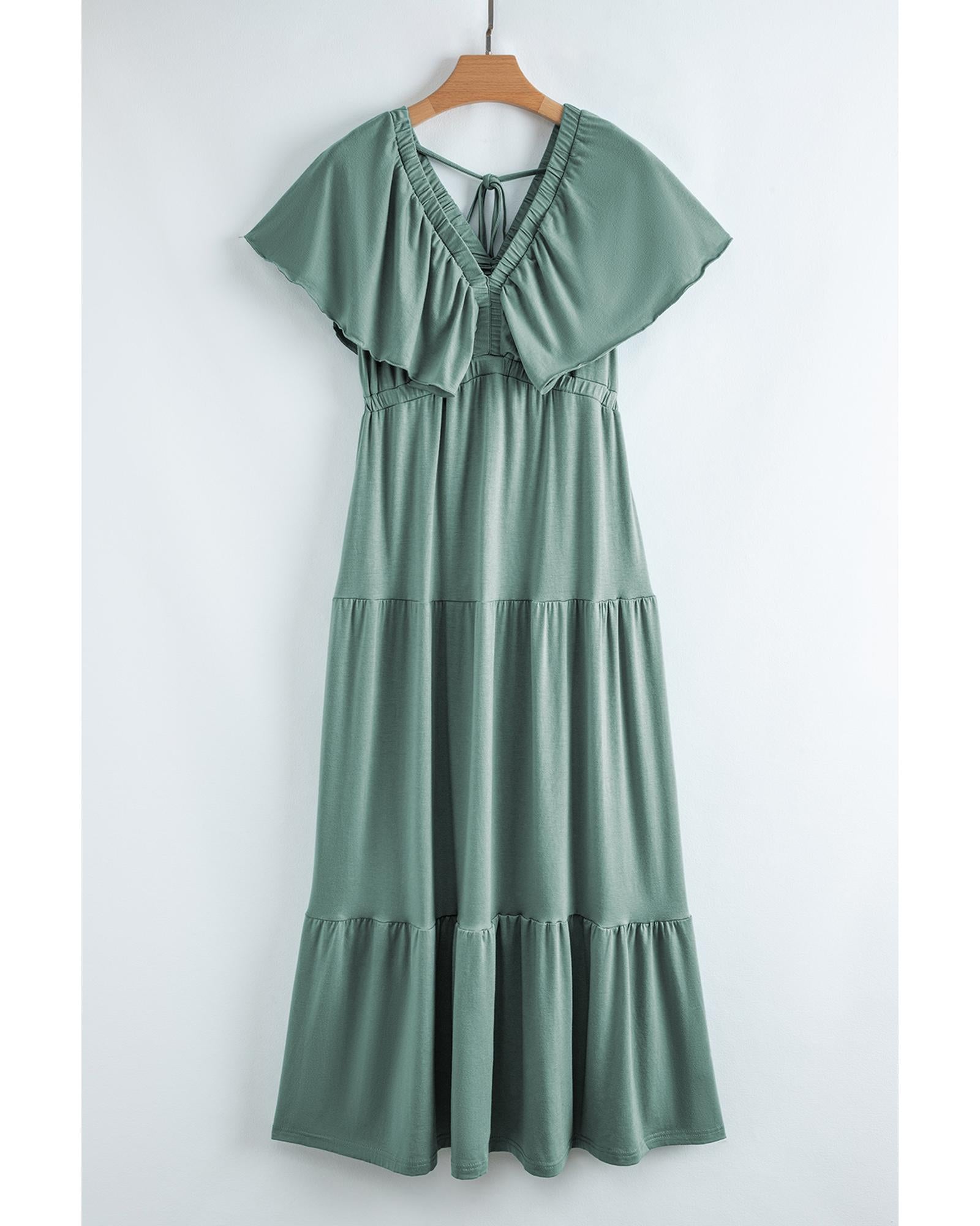 Green Textured V Neck Flutter Sleeve Ruffled Maxi Dress - M 7