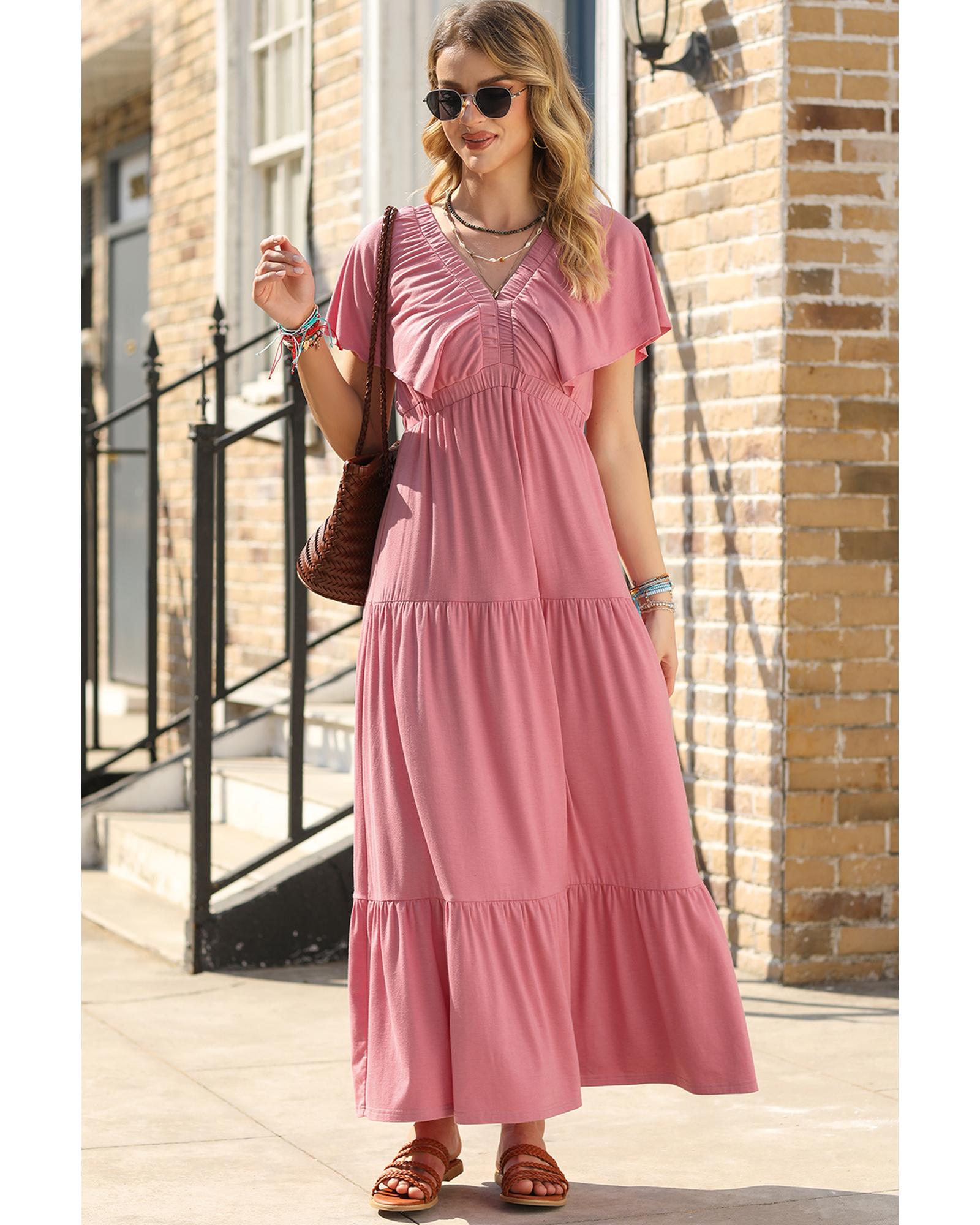 Rose Pink Textured V Neck Flutter Sleeve Ruffled Maxi Dress - 2XL 4